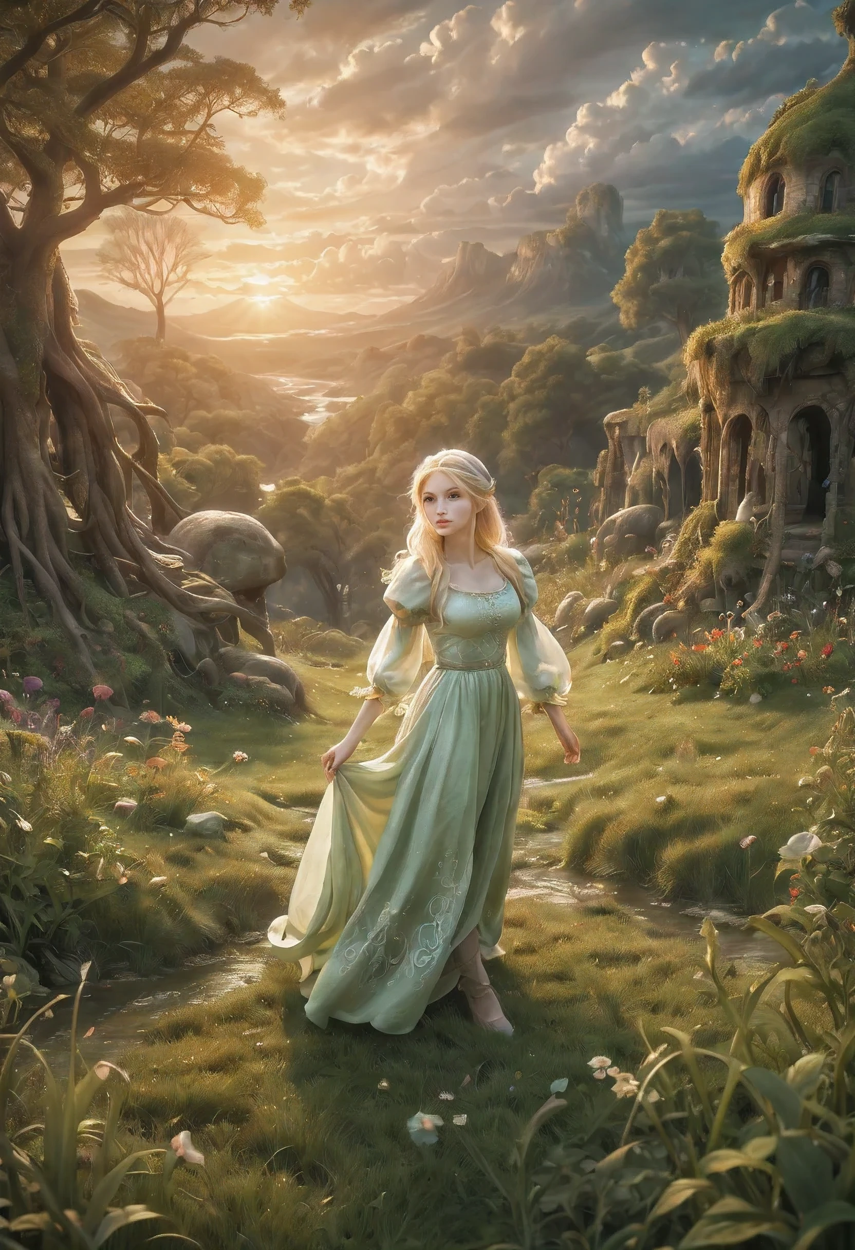 Create an enchanting and whimsical image of a eLEGANT elf girl with flowing blonde Hair, exploring the magical realm of Neverland. Picture her in a vibrant meadow surrounded by fantastical creatures, lost in this timeless and(( dreamlike world)). Capture the essence of innocence, fear, and the endless obstacles that unfold in the encasing landscapes of Neverland. | stunning detail, creative, cinematic, amazing composition, elegant, sad, fascinating, highly detailed, intricate, dynamic, beautiful, positive light, cute, engaging, new, enhanced,EpicLand,oil paint,6000, ruins,more detail XL,realistic,2b