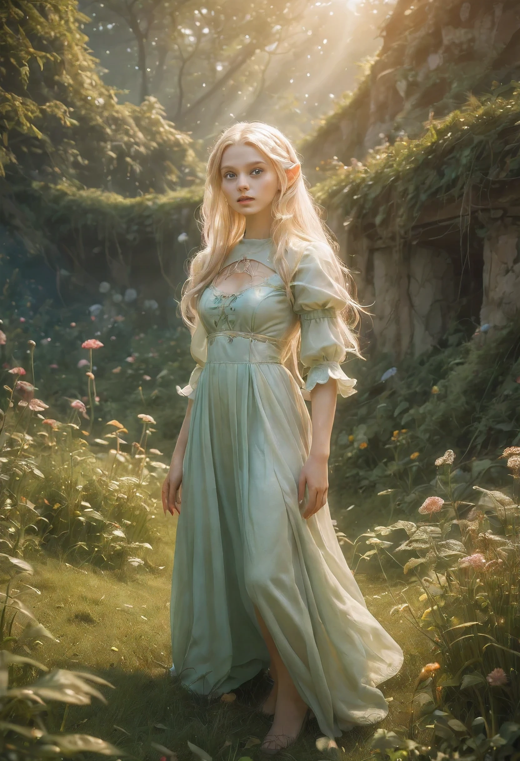 Create an enchanting and whimsical image of a eLEGANT elf girl with flowing blonde Hair, exploring the magical realm of Neverland. Picture her in a vibrant meadow surrounded by fantastical creatures, lost in this timeless and(( dreamlike world)). Capture the essence of innocence, fear, and the endless obstacles that unfold in the encasing landscapes of Neverland. | stunning detail, creative, cinematic, amazing composition, elegant, sad, fascinating, highly detailed, intricate, dynamic, beautiful, positive light, cute, engaging, new, enhanced,EpicLand,oil paint,6000, ruins,more detail XL,realistic,2b