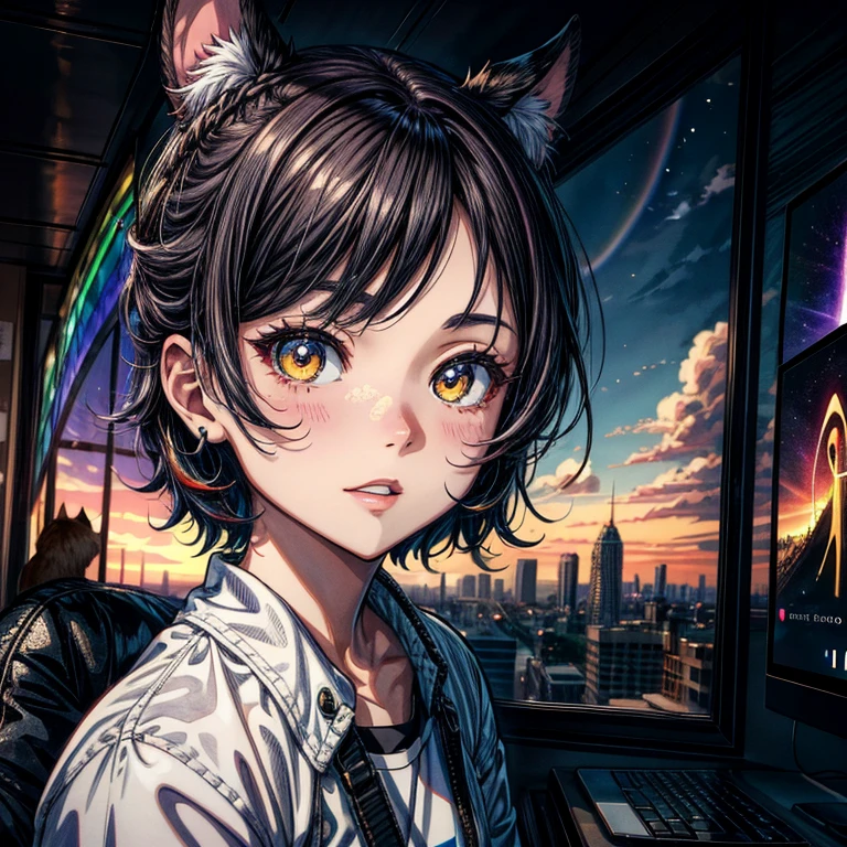 ((Cielo diurno del arco iris))、Chica de anime abrazando a un gato,Ciudad del futuro cercano、 Makoto Shinkai Cyril Rolando, Fondo de pantalla de arte anime 4k, Fondo de pantalla de arte anime 4k, Fondo de pantalla de arte anime 8k, inspirado en Cyril Rolando, En el estilo Dan Mumford Artwork, Amazing wallpapers, por Yuumei