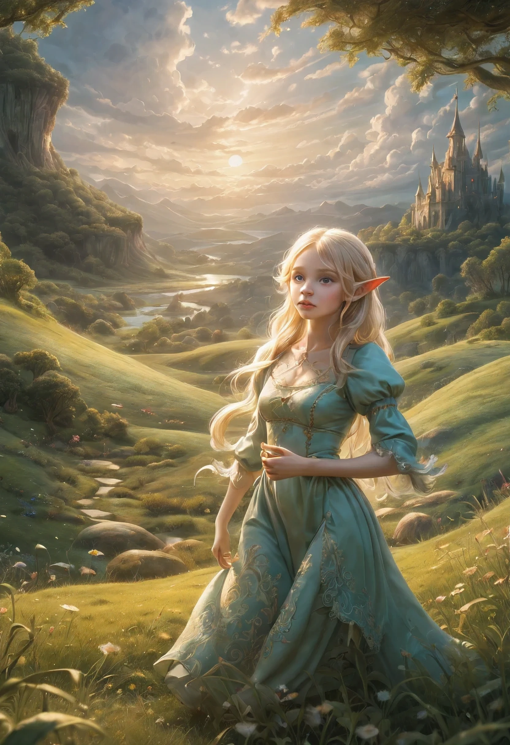 Create an enchanting and whimsical image of a eLEGANT elf girl with flowing blonde Hair, exploring the magical realm of Neverland. Picture her in a vibrant meadow surrounded by fantastical creatures, lost in this timeless and(( dreamlike world)). Capture the essence of innocence, fear, and the endless obstacles that unfold in the encasing landscapes of Neverland. | stunning detail, creative, cinematic, amazing composition, elegant, sad, fascinating, highly detailed, intricate, dynamic, beautiful, positive light, cute, engaging, new, enhanced,EpicLand,oil paint,6000, ruins,more detail XL,realistic,2b