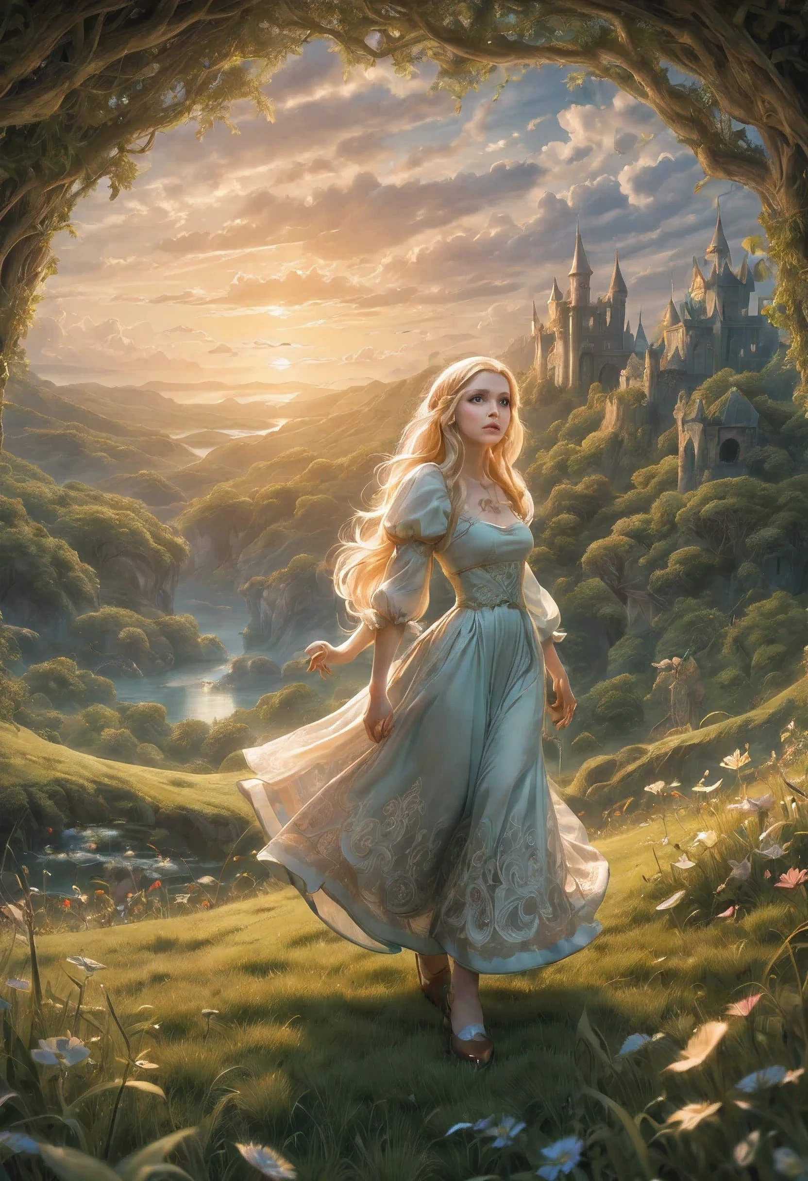 Create an enchanting and whimsical image of a eLEGANT elf girl with flowing blonde Hair, exploring the magical realm of Neverland. Picture her in a vibrant meadow surrounded by fantastical creatures, lost in this timeless and(( dreamlike world)). Capture the essence of innocence, fear, and the endless obstacles that unfold in the encasing landscapes of Neverland. | stunning detail, creative, cinematic, amazing composition, elegant, sad, fascinating, highly detailed, intricate, dynamic, beautiful, positive light, cute, engaging, new, enhanced,EpicLand,oil paint,6000, ruins,more detail XL,realistic,2b