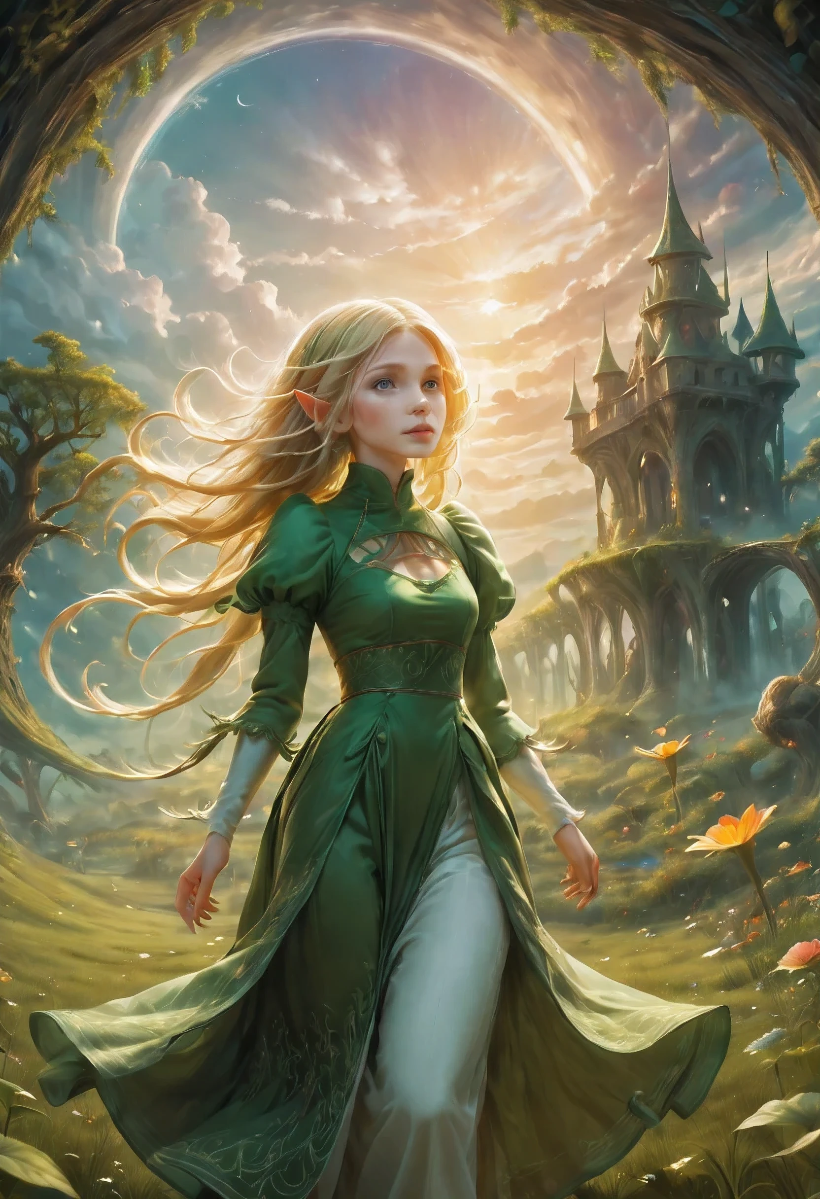 Create an enchanting and whimsical image of a eLEGANT elf girl with flowing blonde Hair, exploring the magical realm of Neverland. Picture her in a vibrant meadow surrounded by fantastical creatures, lost in this timeless and(( dreamlike world)). Capture the essence of innocence, fear, and the endless obstacles that unfold in the encasing landscapes of Neverland. | stunning detail, creative, cinematic, amazing composition, elegant, sad, fascinating, highly detailed, intricate, dynamic, beautiful, positive light, cute, engaging, new, enhanced,EpicLand,oil paint,6000, ruins,more detail XL,realistic,2b