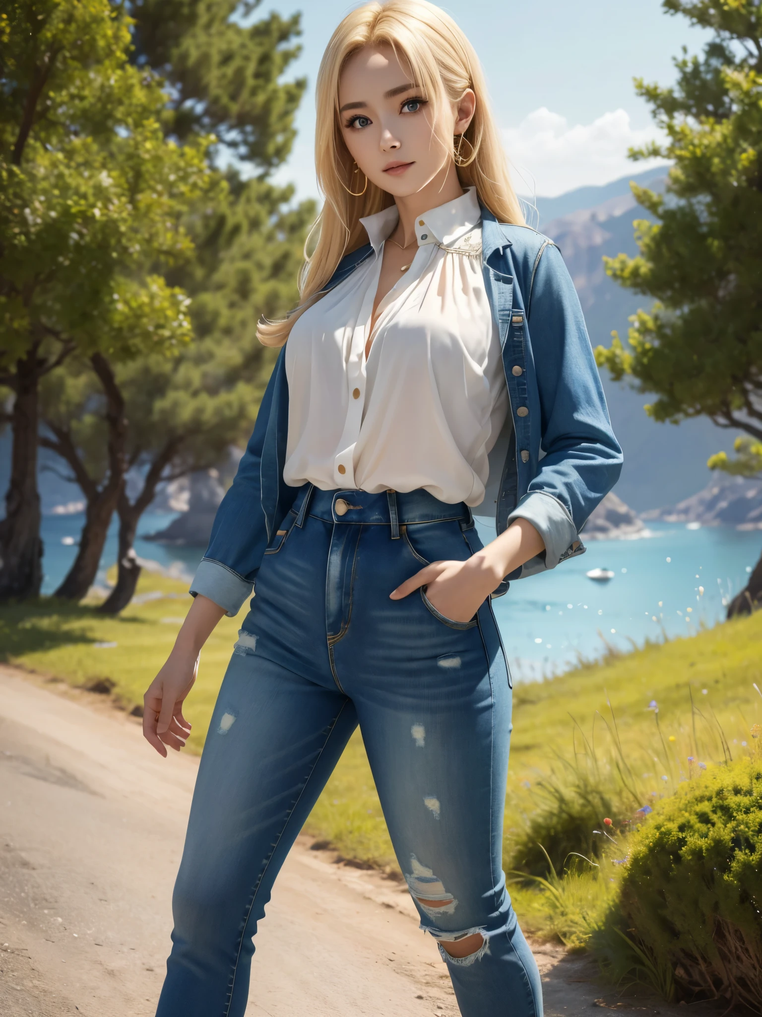 (best quality,4k,8k,highres,masterpiece:1.2),ultra-detailed, full body, standing up, blonde greek woman, yangmi, gyaru, blue eyes, blouse, jeans, facing viewer, HDR, 8k, absurdres, cinestill 800, sharp focus