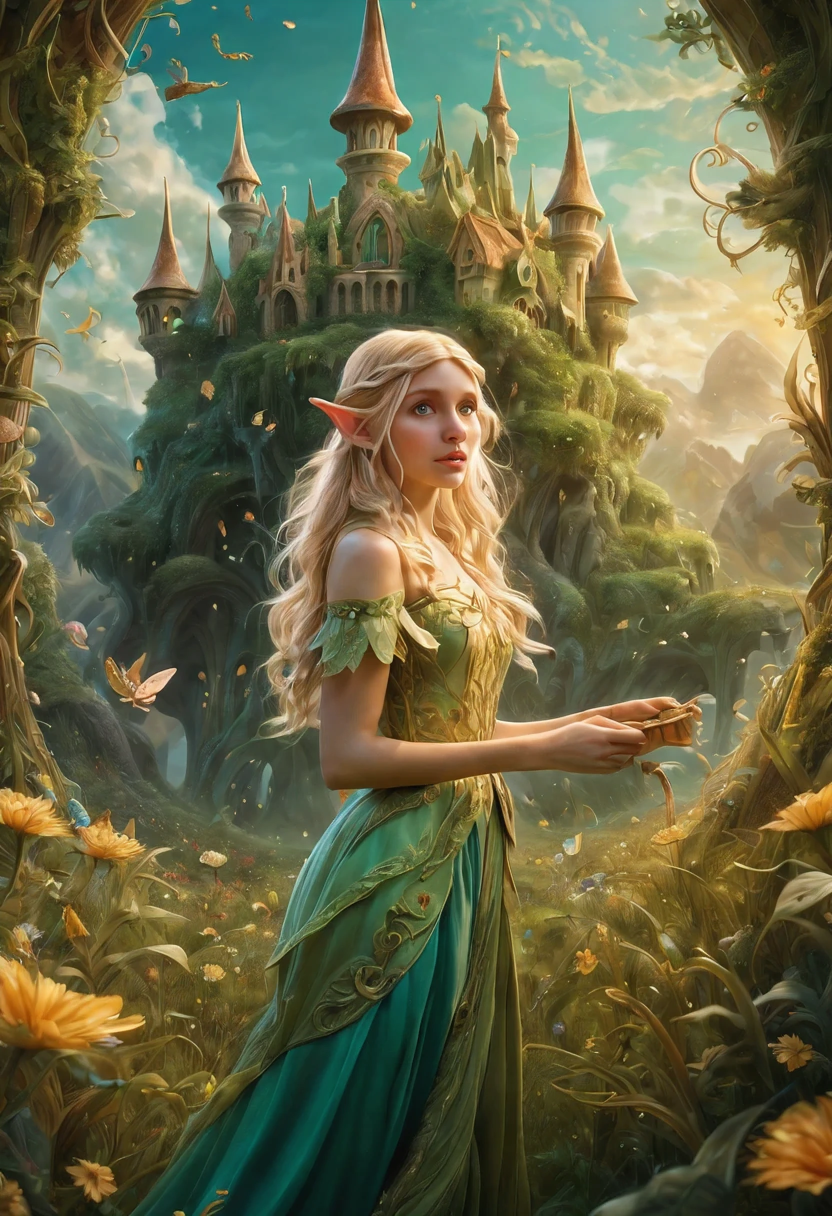 Create an enchanting and whimsical image of a eLEGANT elf girl with flowing blonde Hair, exploring the magical realm of Neverland. Picture her in a vibrant meadow surrounded by fantastical creatures, lost in this timeless and(( dreamlike world)). Capture the essence of innocence, fear, and the endless obstacles that unfold in the encasing landscapes of Neverland. | stunning detail, creative, cinematic, amazing composition, elegant, sad, fascinating, highly detailed, intricate, dynamic, beautiful, positive light, cute, engaging, new, enhanced,EpicLand,oil paint,6000, ruins,more detail XL,realistic,2b