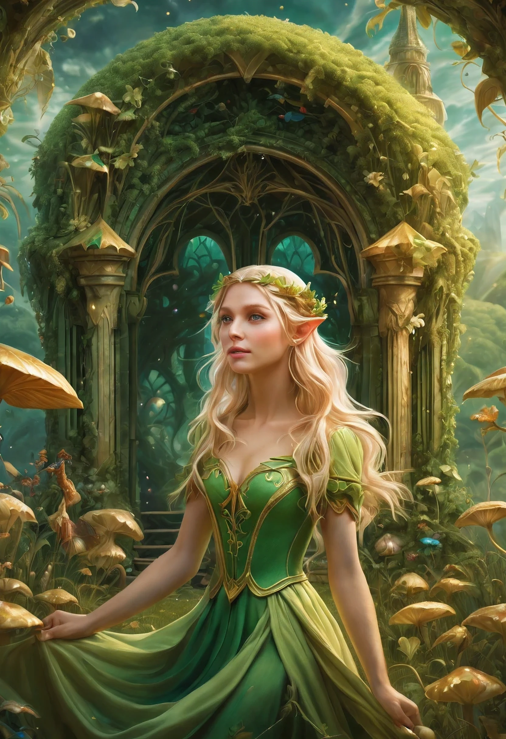 Create an enchanting and whimsical image of a eLEGANT elf girl with flowing blonde Hair, exploring the magical realm of Neverland. Picture her in a vibrant meadow surrounded by fantastical creatures, lost in this timeless and(( dreamlike world)). Capture the essence of innocence, fear, and the endless obstacles that unfold in the encasing landscapes of Neverland. | stunning detail, creative, cinematic, amazing composition, elegant, sad, fascinating, highly detailed, intricate, dynamic, beautiful, positive light, cute, engaging, new, enhanced,EpicLand,oil paint,6000, ruins,more detail XL,realistic,2b