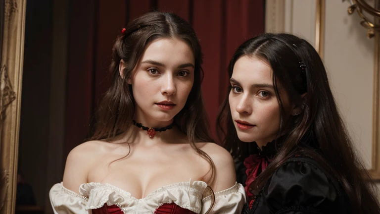 8K ultra high quality a photo of a two women vampire wearing a red and black 19th century rich outfits want to eat a richest man in the castle, create in 19th century realism art.