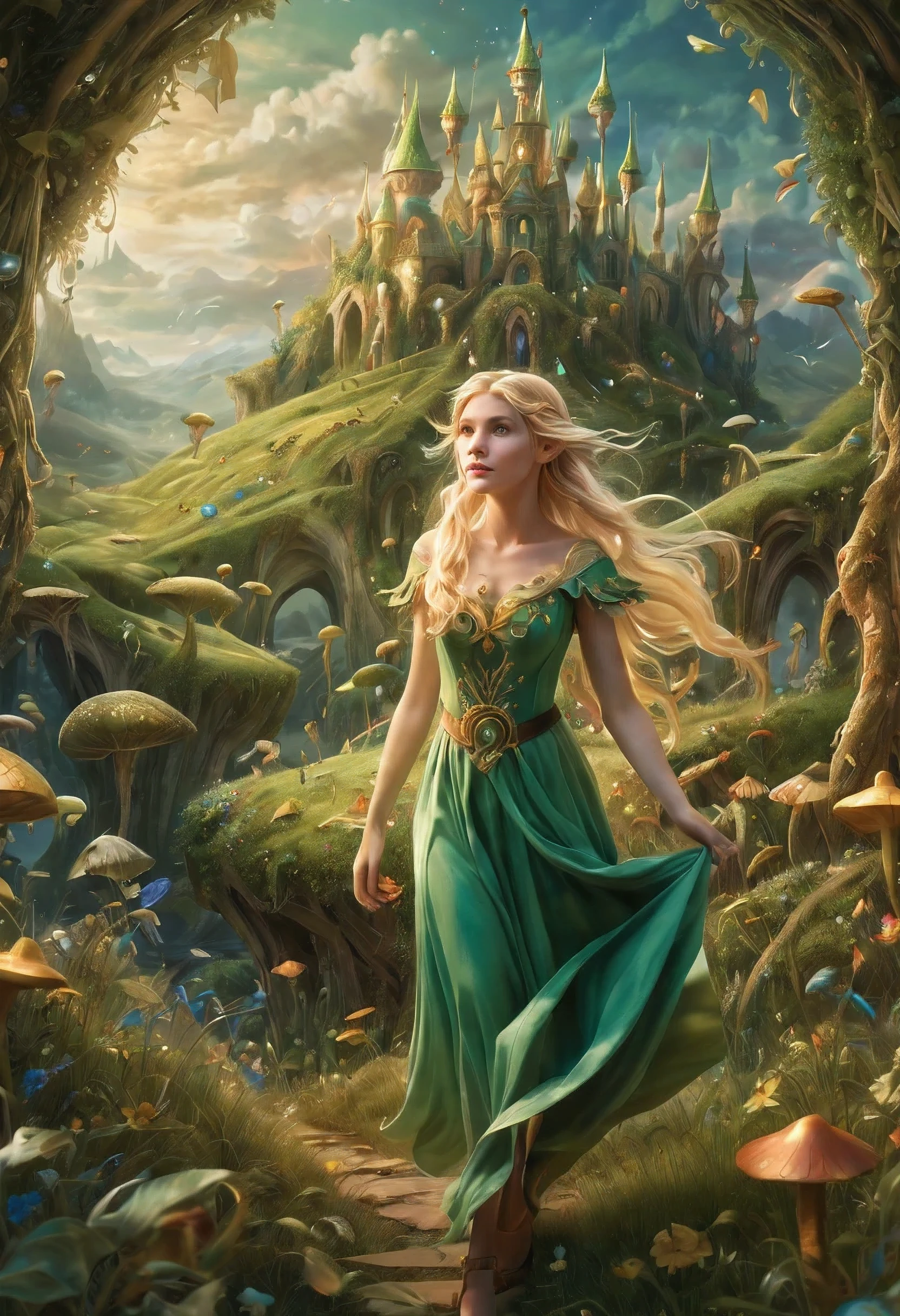 Create an enchanting and whimsical image of a eLEGANT elf girl with flowing blonde Hair, exploring the magical realm of Neverland. Picture her in a vibrant meadow surrounded by fantastical creatures, lost in this timeless and(( dreamlike world)). Capture the essence of innocence, fear, and the endless obstacles that unfold in the encasing landscapes of Neverland. | stunning detail, creative, cinematic, amazing composition, elegant, sad, fascinating, highly detailed, intricate, dynamic, beautiful, positive light, cute, engaging, new, enhanced,EpicLand,oil paint,6000, ruins,more detail XL,realistic,2b