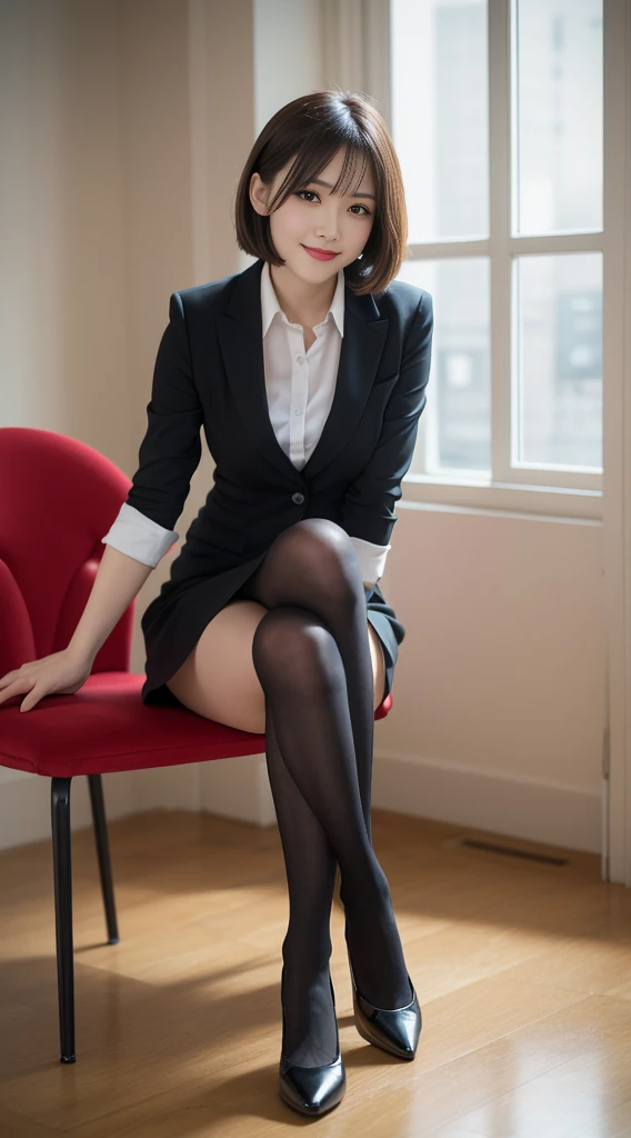 Ulzzang-6500-v1.1, (RAW photos:1.2), (realistic), (really:1.4), １girl、very pretty girl、21 years old、game_nffsw,  eye for detail, shy smile、business fashion、business suit、thighs and skirt、sit on a chair、Working、(very realistic pantyhose:1.2), Curly hair、realistic skin texture、glowing skin、exposed thighs!!! , assembly、eye shadow、