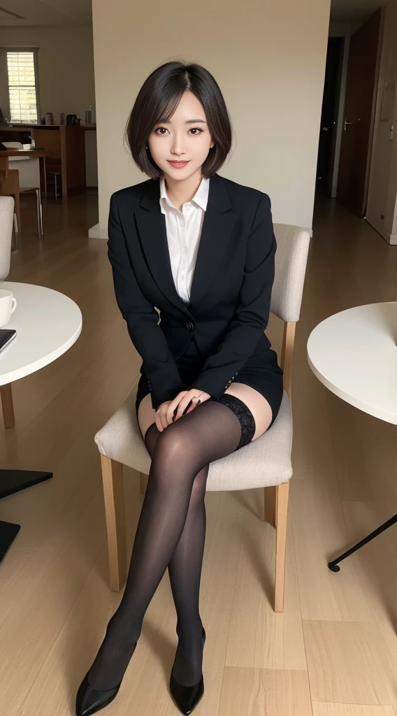 masutepiece, Best Quality, Illustration, Ultra-detailed, finely detail, hight resolution, 8K Wallpaper, Perfect dynamic composition, Beautiful detailed eyes, Business suits,Mini skirt,short cut hair,Natural Color Lip, Sit on a chair and cross your legs,Smile、25 year old girl,red eye shadow,Wearing black tights stockings,