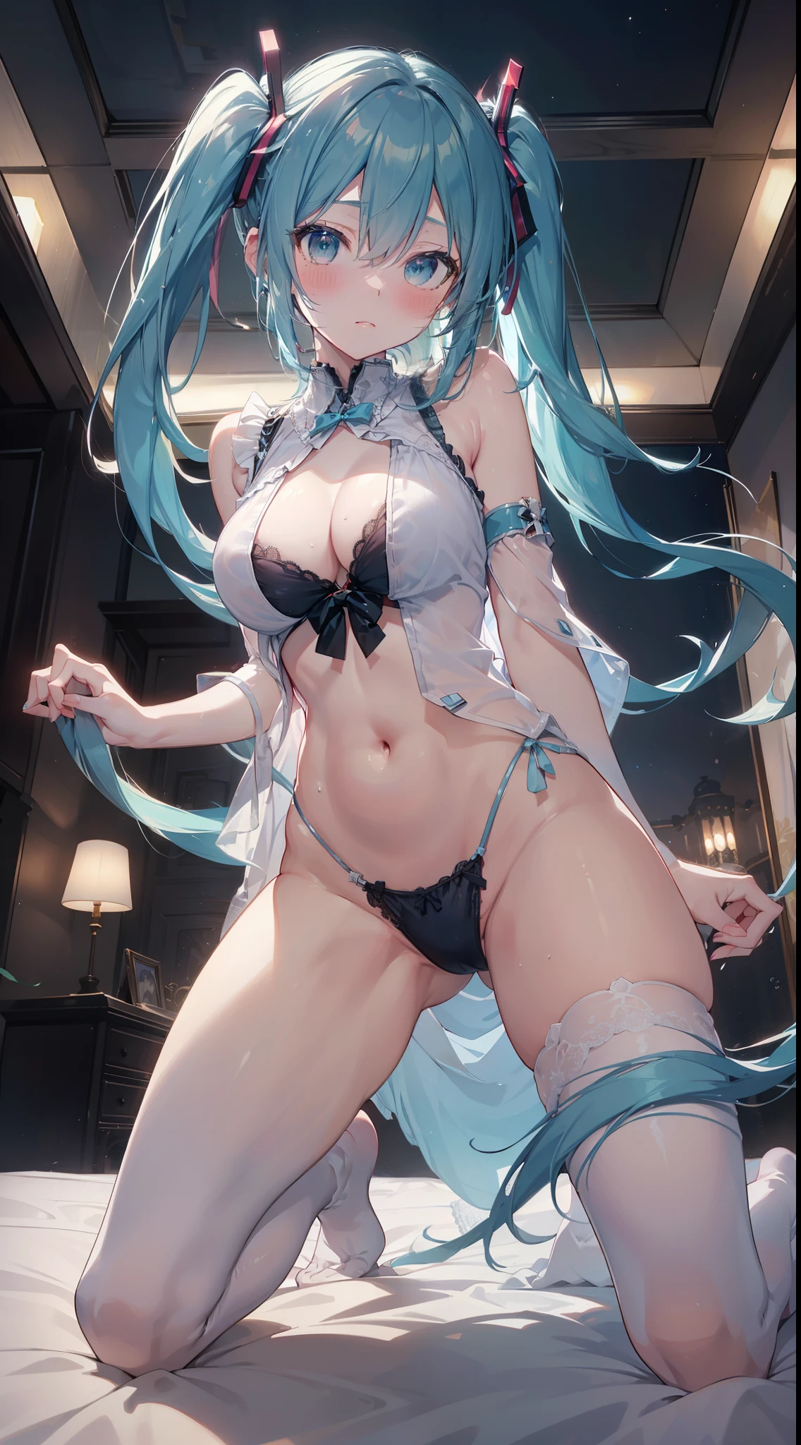 ultra-detailed, extremely detailed,Masterpiece,(Best Quality),(Super Detail),(Very Delicate and Beautiful),((erotic)),(((angle from below the front))),((Solo)),full body,attractive, solemn atmosphere, an attacking force, one cute girl, Hatsune Miku,light blue hair, big boobs, Breasts that are about to overflow , nipples are transparent , glamorous, slim legs, an inviting look, blushing, sweaty, deep red lingerie, see-through lingerie, (((kneeling, Spread legs apart))), in luxury room, on Gorgeous bed, white lace canopy, wonderful night view