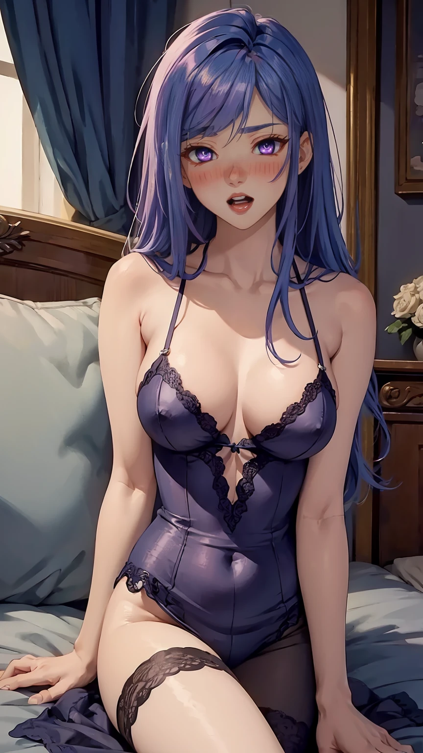 8K, Ultra High Definition, Super detailed, Shiny detailed hair, detailed face, fantasy landscape, solo, looking at viewer, {{best quality}}, {{masterpiece}}, {{ultra-detailed}}, {detailed light}, ultra high quality eyes, detailed eyes, perfect eyes, large eyes, detailed purple eyes, blue hair, long hair, adorned hair, beautiful, skinny body, white skin, slutty, erotic, suggestive, sitting with legs open, open legs, lingerie, in lingerie, blushing, open mouth, ahegao, ((nsfw))