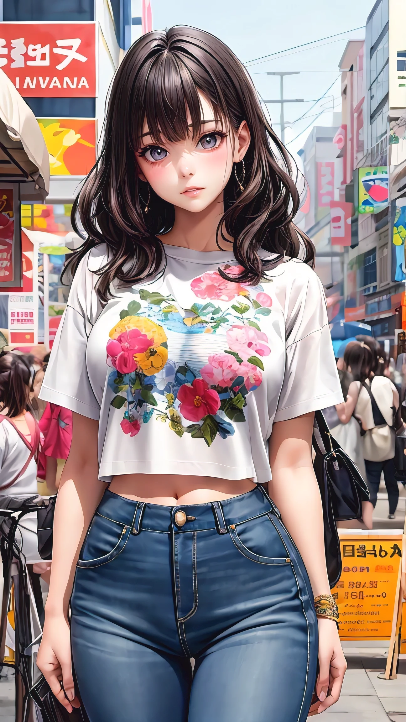 (masterpiece, best quality), beautiful woman, detailed printed cropped top, jeans, wavy hair, beautiful face, perfect face, big gorgeous eyes, parted lips, perfect slim fit body, seoul city garden, bright colors