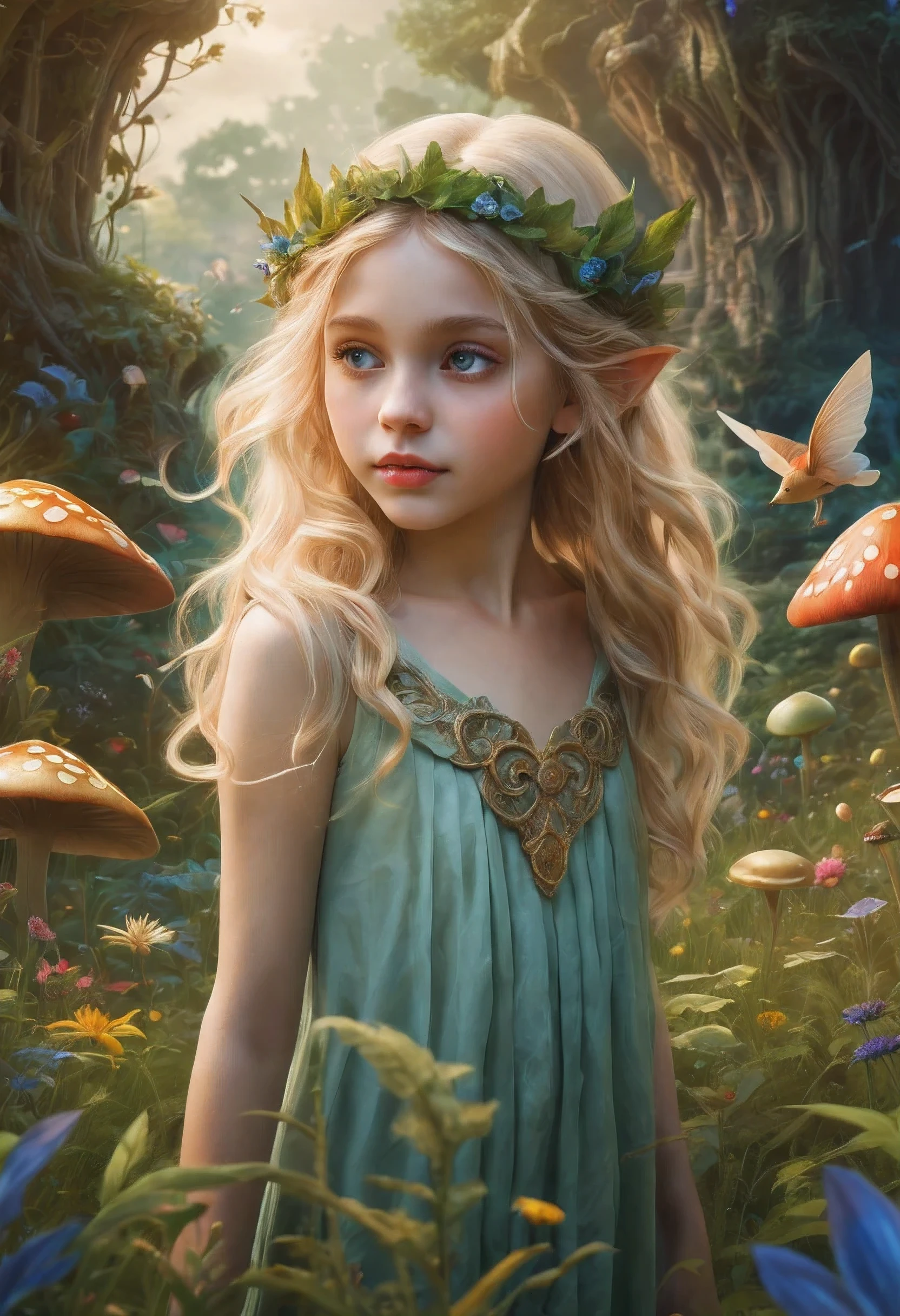 Create an enchanting and whimsical image of a eLEGANT elf girl with flowing blonde Hair, exploring the magical realm of Neverland. Picture her in a vibrant meadow surrounded by fantastical creatures, lost in this timeless and(( dreamlike world)). Capture the essence of innocence, fear, and the endless obstacles that unfold in the encasing landscapes of Neverland. | stunning detail, creative, cinematic, amazing composition, elegant, sad, fascinating, highly detailed, intricate, dynamic, beautiful, positive light, cute, engaging, new, enhanced,EpicLand,oil paint,6000, ruins,more detail XL,realistic,2b
