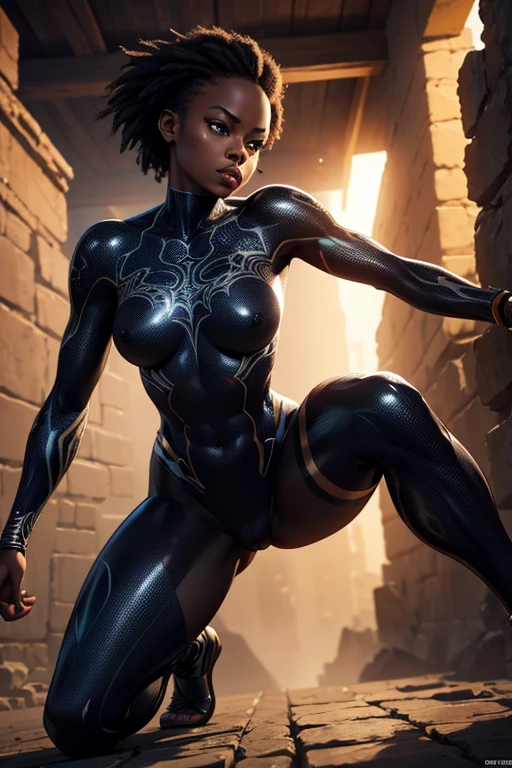 african girl, superhero black Spider Girl, combat stance, highly detailed, vibrant appearance, creative behavior, imaginative, , spontaneous, small breasts, sexi, naked breasts, topless, revealing, highest quality, skin texture, intricate details, (cinematic lighting), RAW photo, 8k, masterpiece,best quality,ultra-detailed,very detailed illustrations,extremely detailed,intricate details,highres,super complex details,extremely detailed 8k cg wallpaper