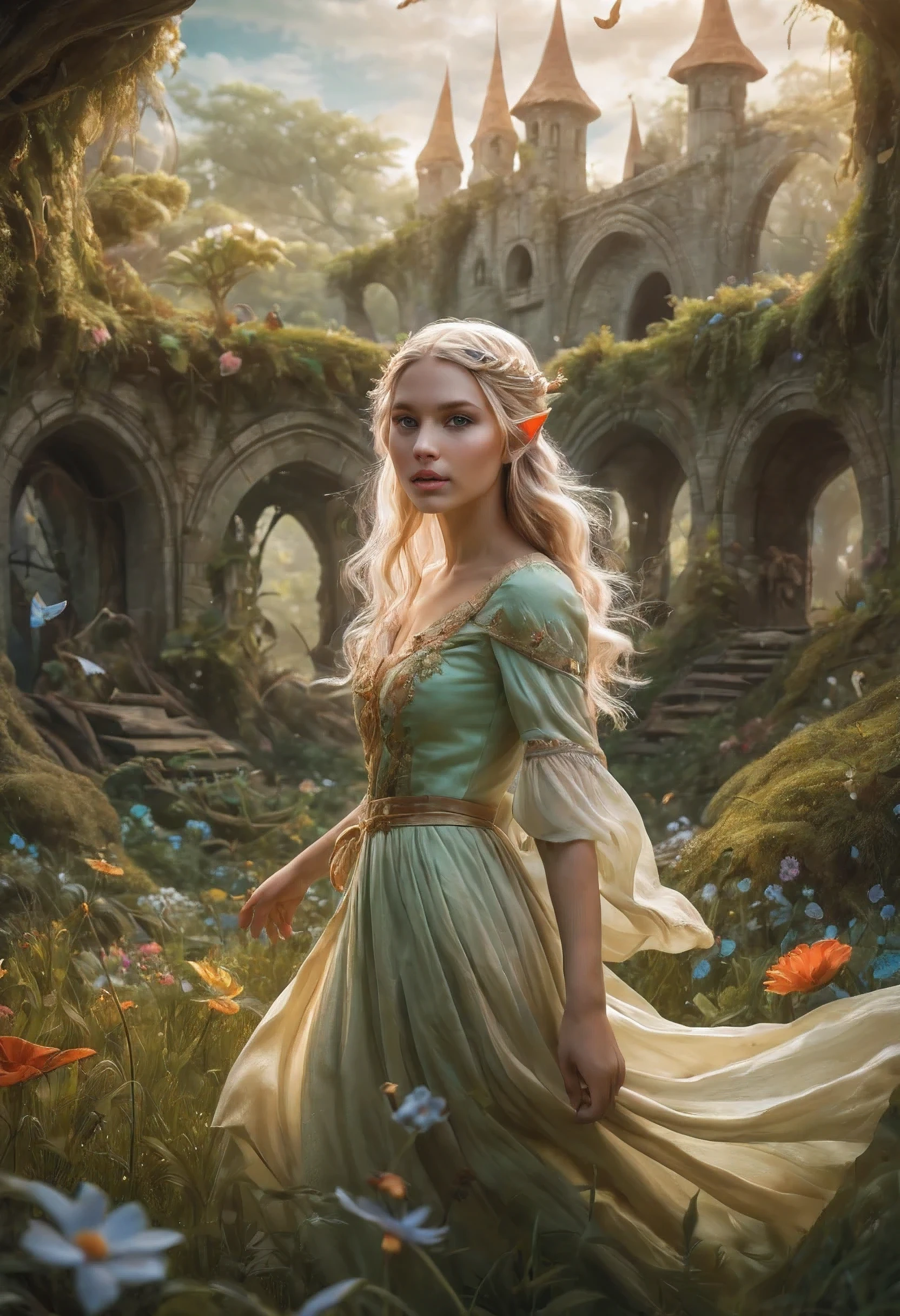 Create an enchanting and whimsical image of a eLEGANT elf girl with flowing blonde Hair, exploring the magical realm of Neverland. Picture her in a vibrant meadow surrounded by fantastical creatures, lost in this timeless and(( dreamlike world)). Capture the essence of innocence, fear, and the endless obstacles that unfold in the encasing landscapes of Neverland. | stunning detail, creative, cinematic, amazing composition, elegant, sad, fascinating, highly detailed, intricate, dynamic, beautiful, positive light, cute, engaging, new, enhanced,EpicLand,oil paint,6000, ruins,more detail XL,realistic,2b
