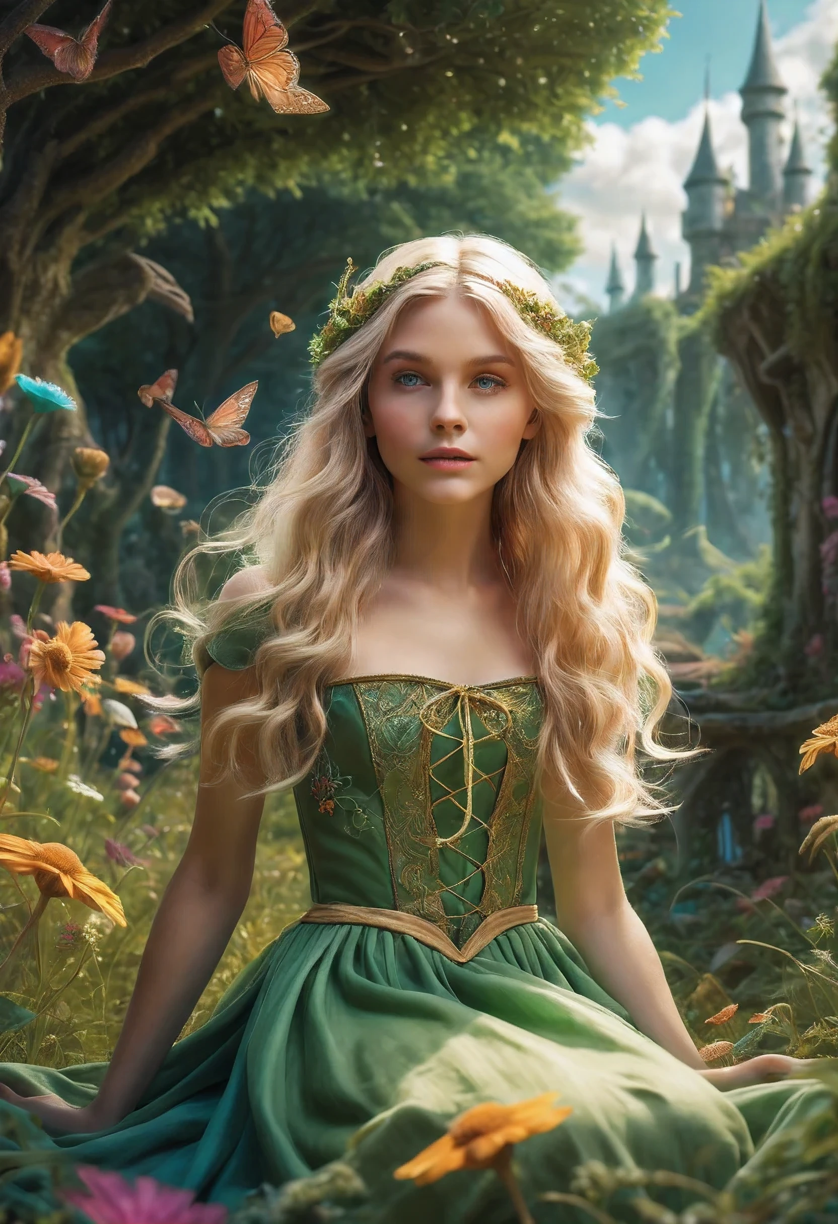 Create an enchanting and whimsical image of a eLEGANT elf girl with flowing blonde Hair, exploring the magical realm of Neverland. Picture her in a vibrant meadow surrounded by fantastical creatures, lost in this timeless and(( dreamlike world)). Capture the essence of innocence, fear, and the endless obstacles that unfold in the encasing landscapes of Neverland. | stunning detail, creative, cinematic, amazing composition, elegant, sad, fascinating, highly detailed, intricate, dynamic, beautiful, positive light, cute, engaging, new, enhanced,EpicLand,oil paint,6000, ruins,more detail XL,realistic,2b