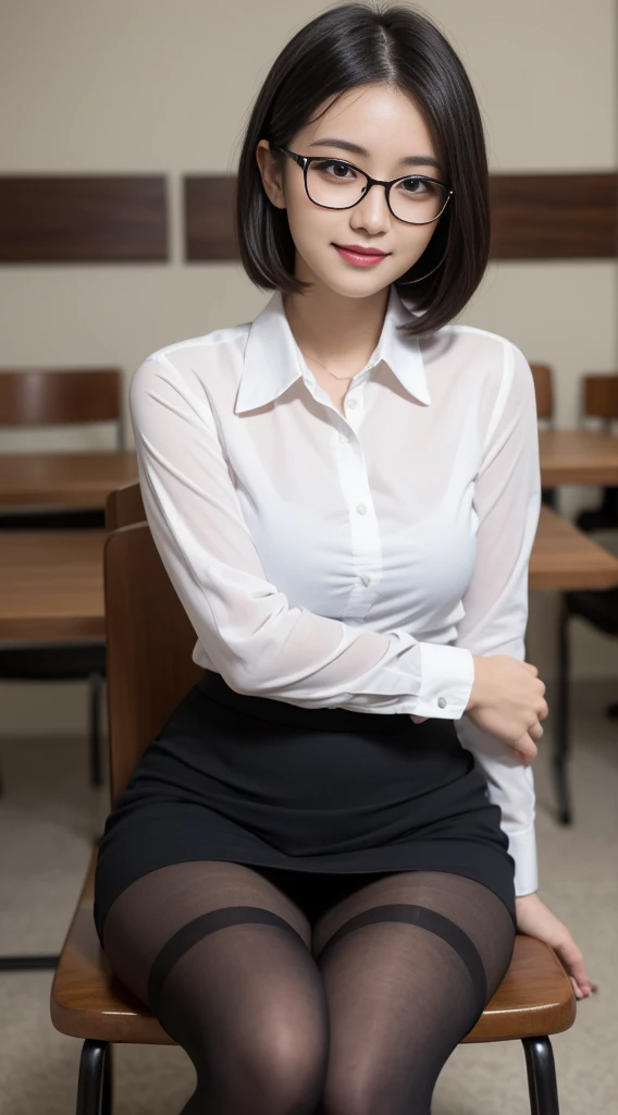 masutepiece, Best Quality, Illustration, Ultra-detailed, finely detail, hight resolution, 8K Wallpaper, Perfect dynamic composition, Beautiful detailed eyes, Business suits,Mini skirt,short cut hair,Natural Color Lip, Sit on a chair , spread legs,Smile、25 year old girl,red eye shadow,Wearing black tights pantyhose, black glasses,