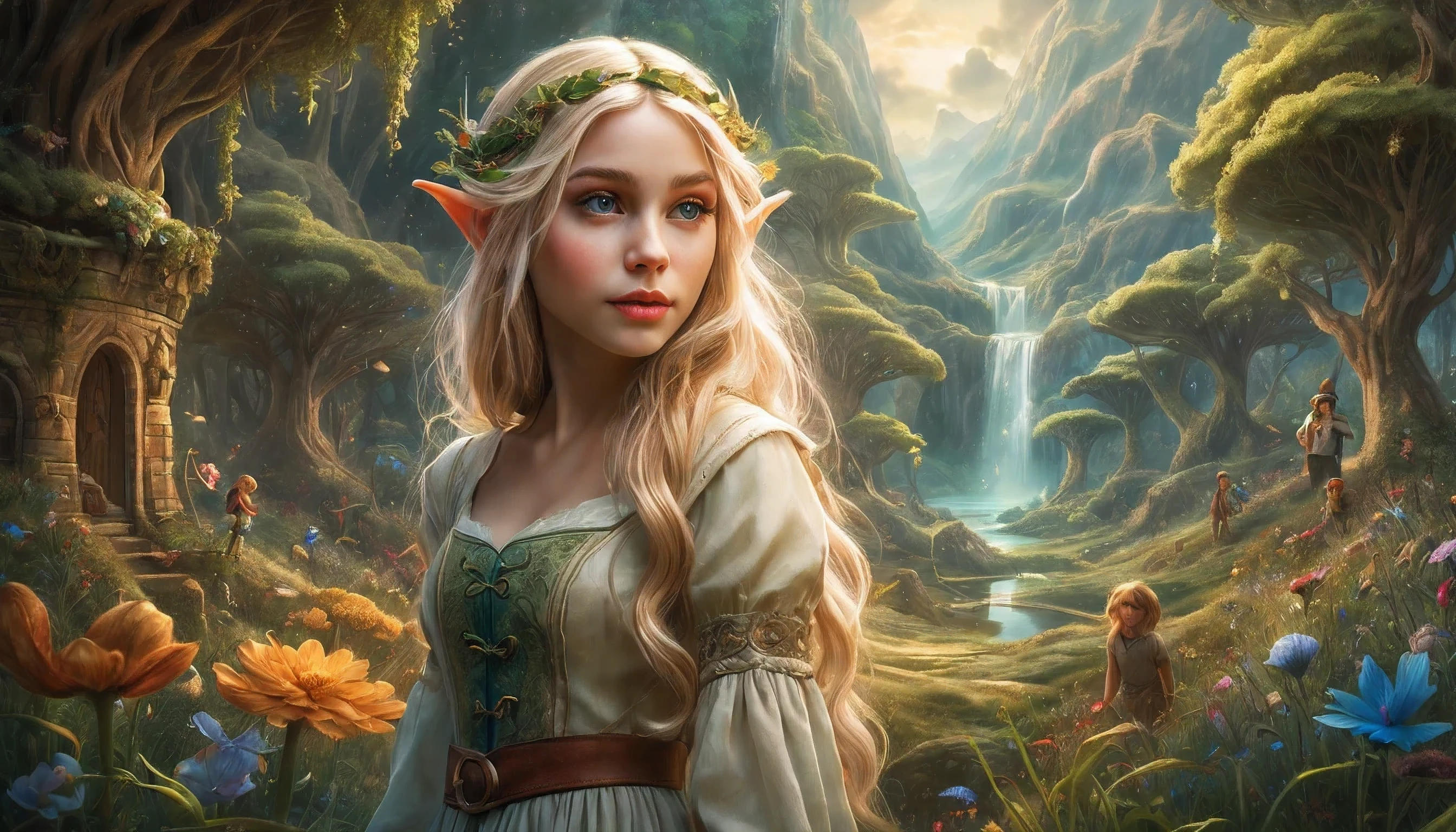 Create an enchanting and whimsical image of a eLEGANT elf girl with flowing blonde Hair, exploring the magical realm of Neverland. Picture her in a vibrant meadow surrounded by fantastical creatures, lost in this timeless and(( dreamlike world)). Capture the essence of innocence, fear, and the endless obstacles that unfold in the encasing landscapes of Neverland. | stunning detail, creative, cinematic, amazing composition, elegant, sad, fascinating, highly detailed, intricate, dynamic, beautiful, positive light, cute, engaging, new, enhanced,EpicLand,oil paint,6000, ruins,more detail XL,realistic,2b