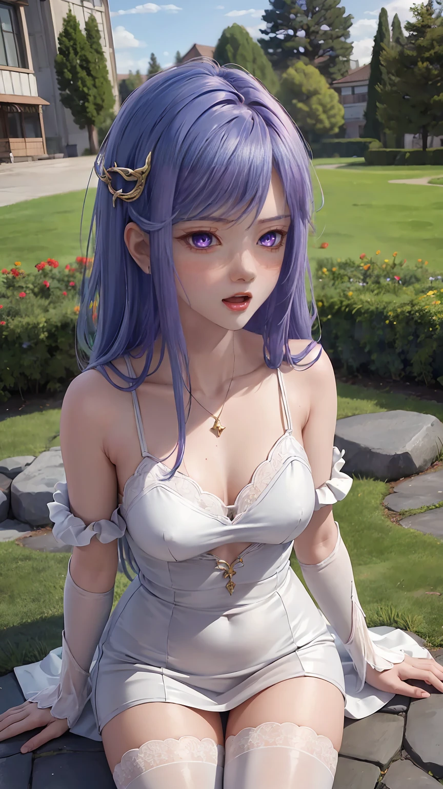 8K, Ultra High Definition, Super detailed, Shiny detailed hair, detailed face, fantasy landscape, solo, looking at viewer, {{best quality}}, {{masterpiece}}, {{ultra-detailed}}, {detailed light}, ultra high quality eyes, detailed eyes, perfect eyes, large eyes, detailed purple eyes, blue hair, long hair, adorned hair, beautiful, skinny body, white skin, slutty, erotic, suggestive, sitting with legs open, open legs, lingerie, in lingerie, blushing, open mouth, ahegao, ((nsfw))