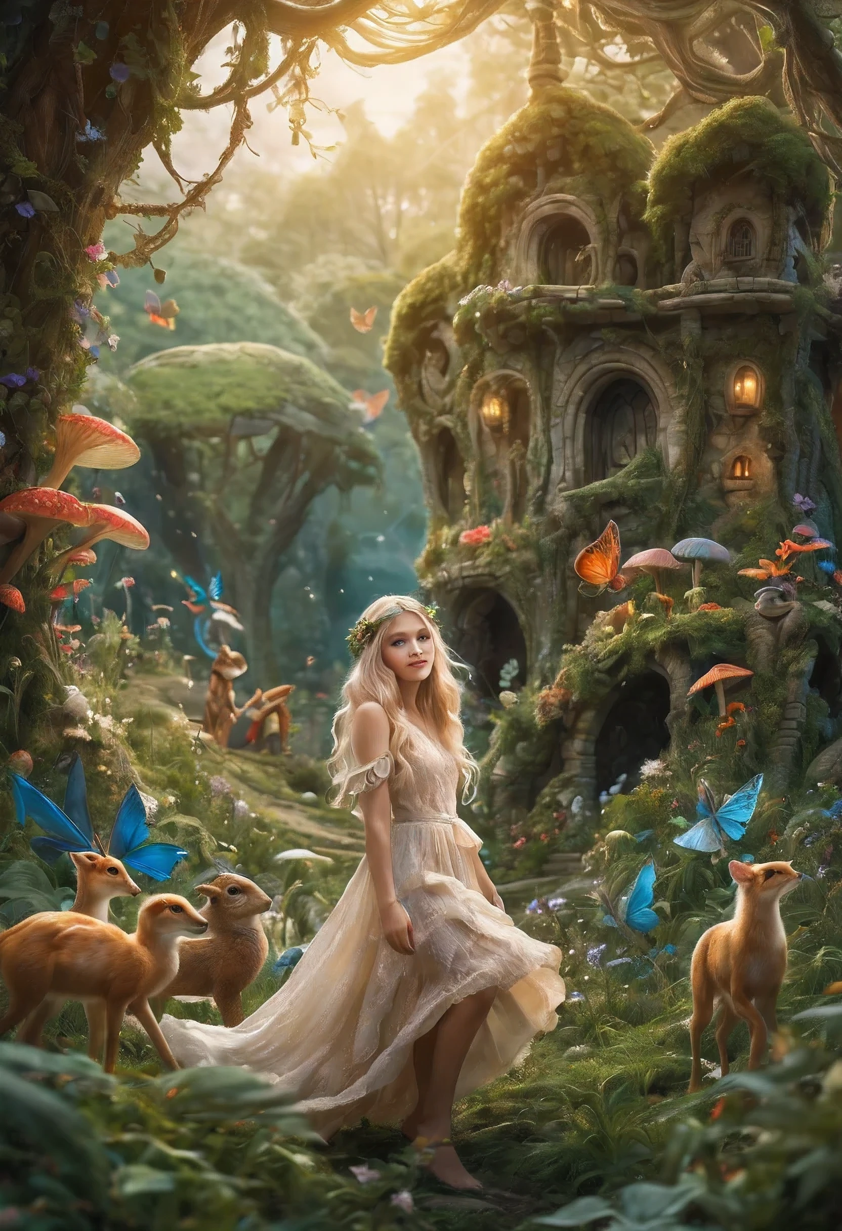 Create an enchanting and whimsical image of a eLEGANT elf girl with flowing blonde Hair, exploring the magical realm of Neverland. Picture her in a vibrant meadow surrounded by fantastical creatures, lost in this timeless and(( dreamlike world)). Capture the essence of innocence, fear, and the endless obstacles that unfold in the encasing landscapes of Neverland. | stunning detail, creative, cinematic, amazing composition, elegant, sad, fascinating, highly detailed, intricate, dynamic, beautiful, positive light, cute, engaging, new, enhanced,EpicLand,oil paint,6000, ruins,more detail XL,realistic,2b