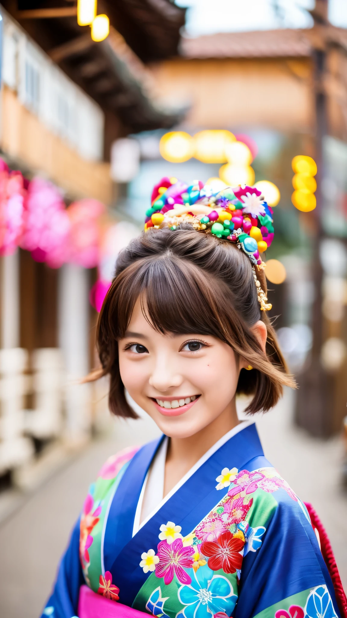My cute girlfriend is a kimono model.、Beautiful smile、he is short、brown hair、hair ornaments、Colorful and flashy kimono、