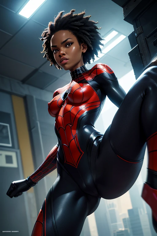 black girl, superhero Spider Girl - Miles Morales, combat stance, highly detailed, vibrant appearance, creative behavior, imaginative, , spontaneous, small breasts, sexi, naked breasts, topless, revealing, highest quality, skin texture, intricate details, (cinematic lighting), RAW photo, 8k, masterpiece,best quality,ultra-detailed,very detailed illustrations,extremely detailed,intricate details,highres,super complex details,extremely detailed 8k cg wallpaper