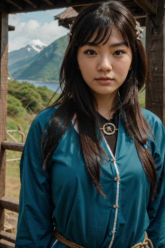 Add a realistic image of a life-sized beautiful Ainu woman with a spectacular scenery in the background.