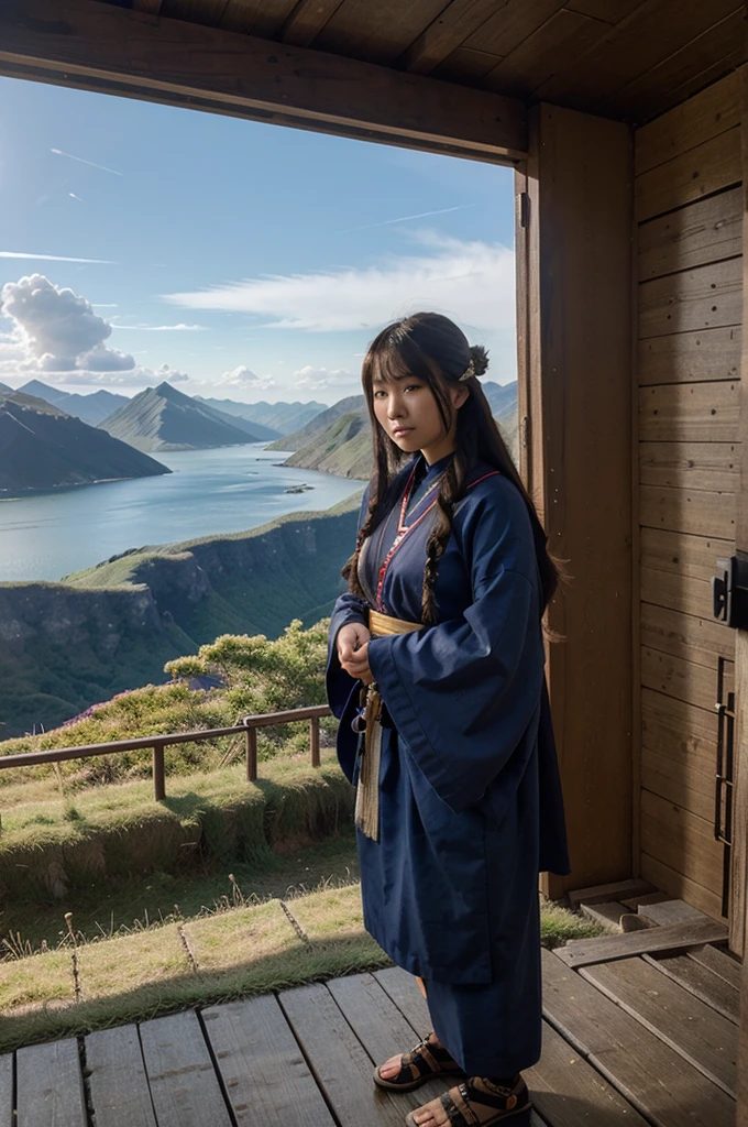 Add a realistic image of a life-sized beautiful Ainu woman with a spectacular scenery in the background.