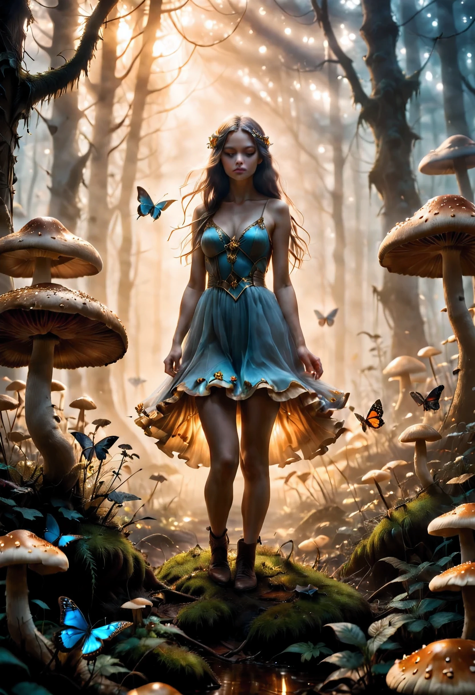 "Golden hour photography, girl in the mystic mist, colossal mushroom, graceful butterflies, otherworldly magic, rule of thirds composition"