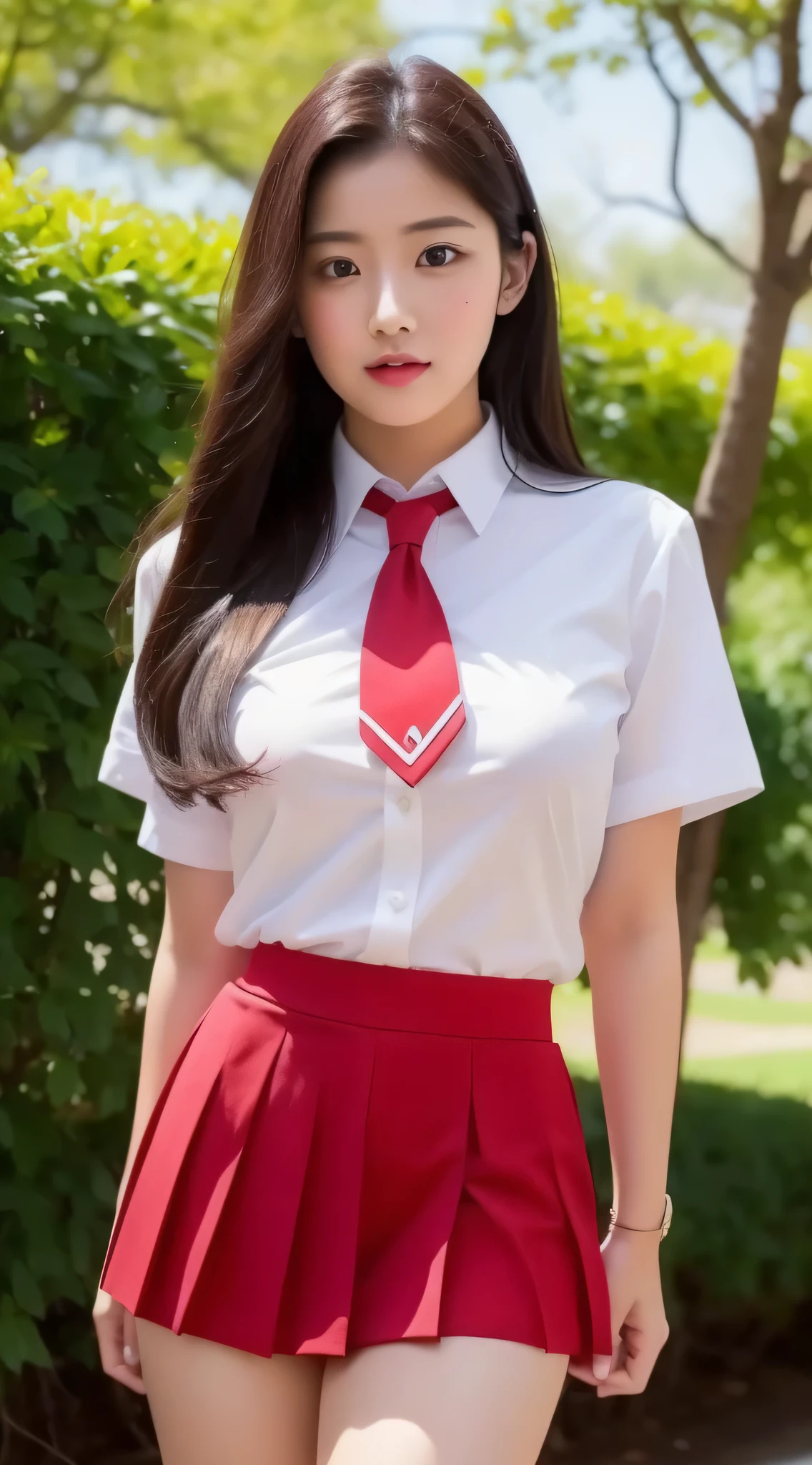 masterpiece,big breasts, school uniform,white shirt, red short skirt, red tie