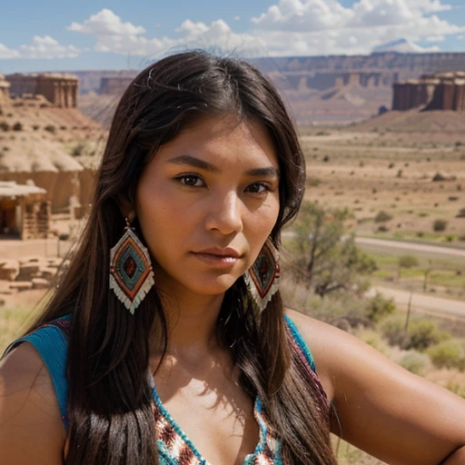 Generate a life-sized Native American Navajo beauty with a realistic scenic backdrop.😊