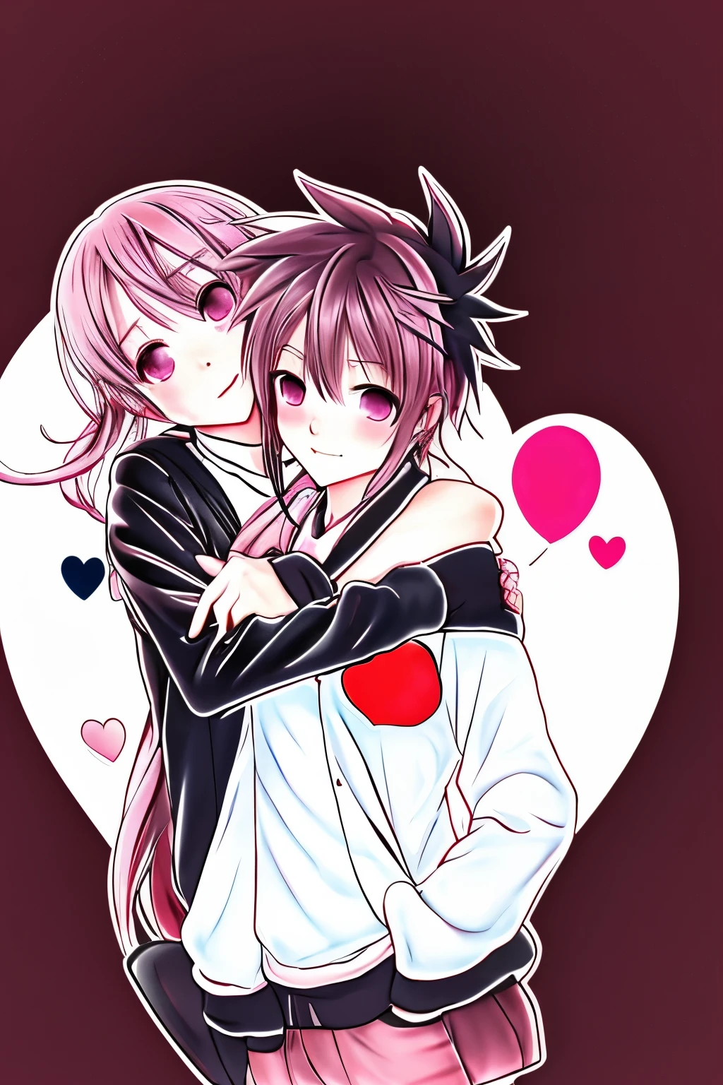 anime couple hugging each other in a hug, puce and vermillion, hug, hugging, hugging each other, arm around her neck, happy couple, 8k!, couple pose, hugs, holding each other, happy!!!, cute anime, lovely couple, hannah yata charlie immer, ghutra and egal, 8k!!, hajime katoki