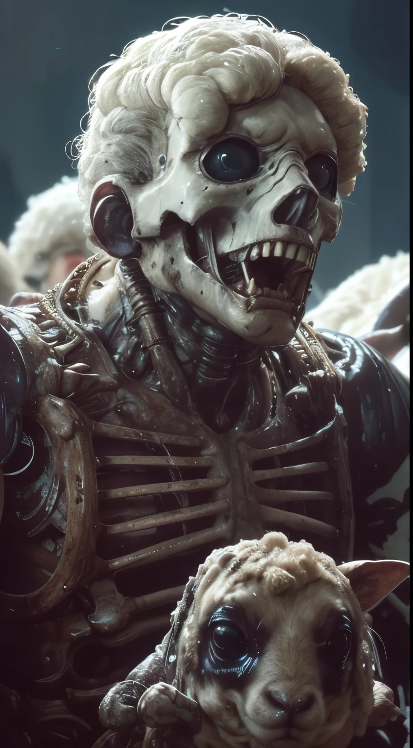 Android sleeping , android sitting and sleeping, surrounded by sheep, sheep's around him, sheep, white sheep, policemen ,police, white blue rusty armor, blue, white,, part human part robot, strong, bones as armour, metal armour, dead space inspired, dead space game, with wires comming out, Mandíbulas, dentes afiados, Filme de Horror, animatrônico, filme , filmed with panavision , old TV set style, old VHS style, sheep, surrounded by white sheep, playing whit sheep. Sheep happy, sheep in the background