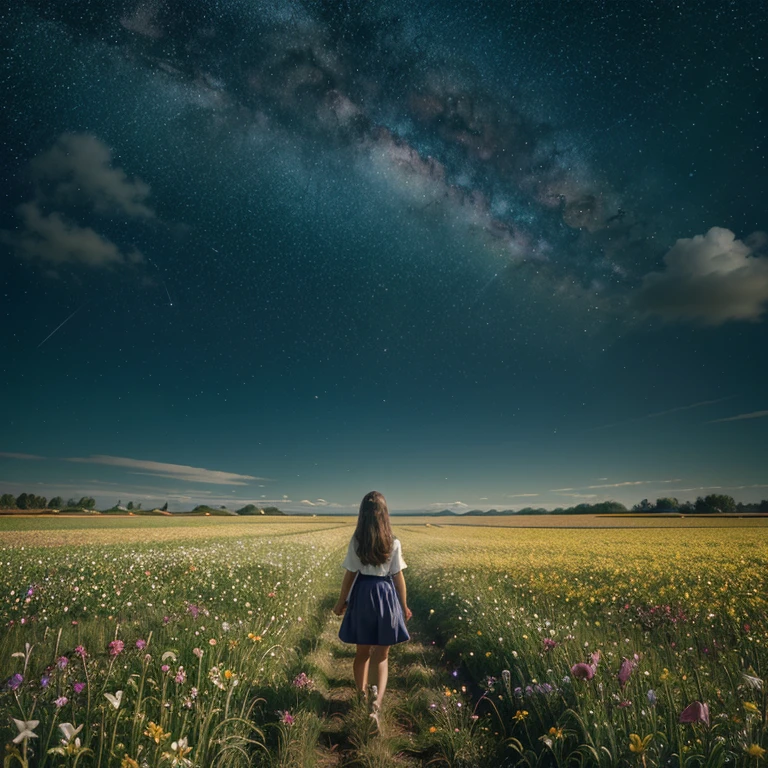 There is a girl standing in a flower field looking up at the sky, a girl standing in a flower field, a girl walking in a flower field, lost in a dreamy wonderland, standing in a flower field, fantastic digital painting, the sky gradually clears, the starry sky gradually recedes  