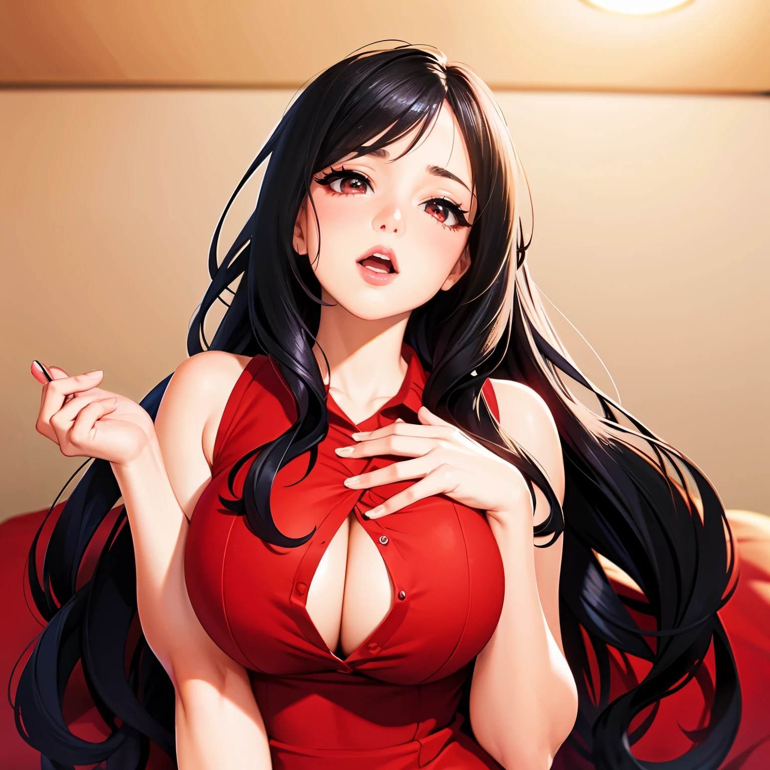 woman with big breasts in a red dress, Show language, with open mouth, neck zoomed in from lips down, sexy look at the camera, plump lips, Mouth wide open,  pale light skin!!, big eyes and lips, 18 years, smokey eyes with mascara on her eyes, dark hair disheveled, anime, Hentai
