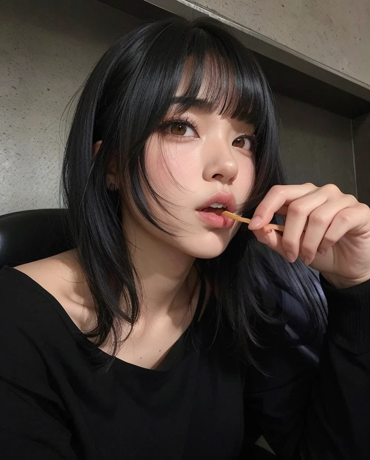 Hay una mujer que se cepilla los dientes con un cepillo de dientes., she has black hair con flequillo, con flequillo, ulzzang, Con pelo corto, muchacha coreana, con flequillo completo, neat hair con flequillo, heonhwa choe, comiendo fideos, el corte de hime, Jinyoung Shin, pelo cortado hime negro, jaeyeon nam, lee ji - eun