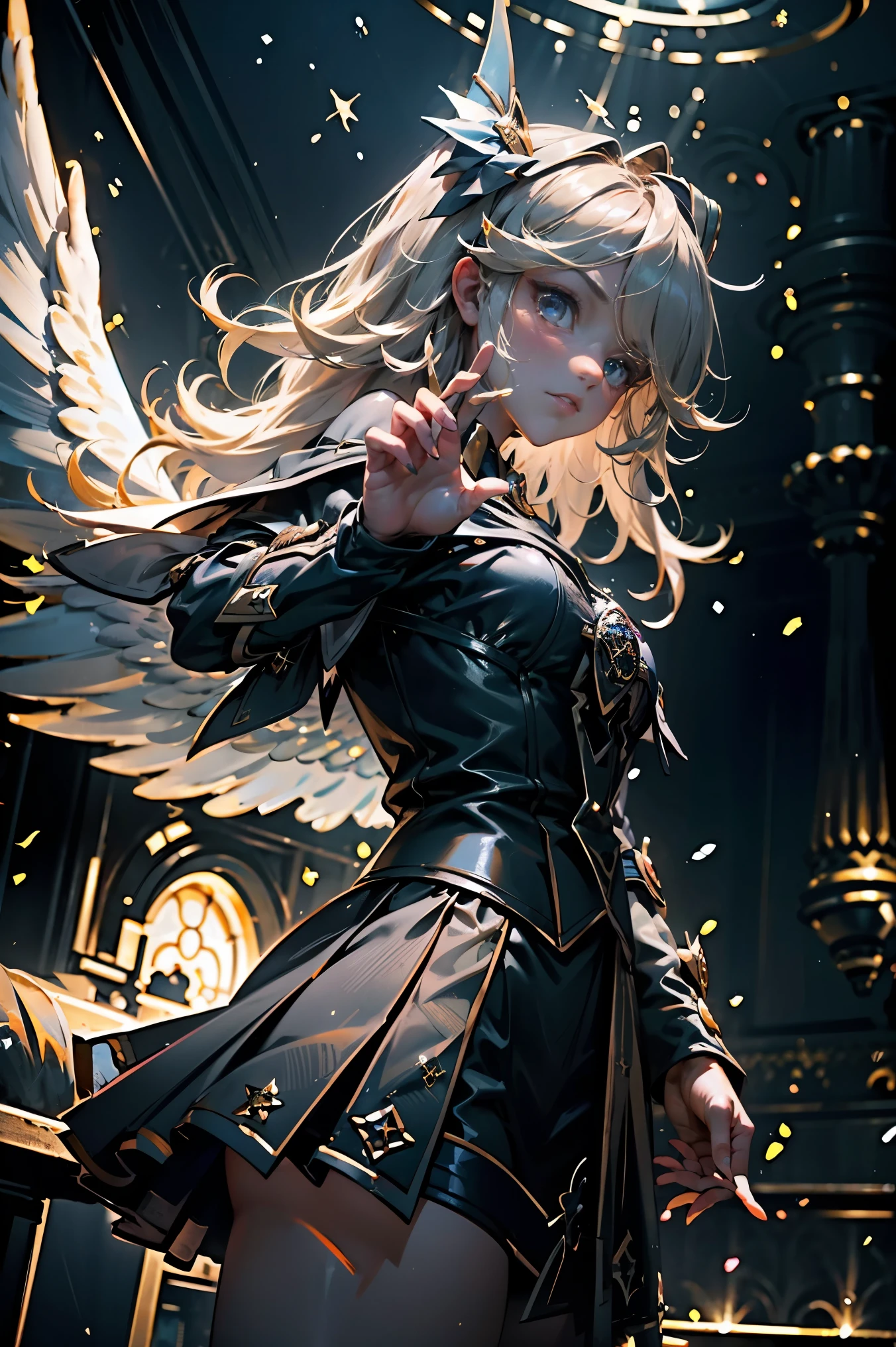 Obra maestra, (La mejor calidad:1.2), [:Detalles intrincados:0.2], 1girl, senos grandes, angel, angel wings, Volantes blancos, (cielo diurno), Aura brillante, intense concentration, crackling energy, mysterious symbols, motas brillantes,