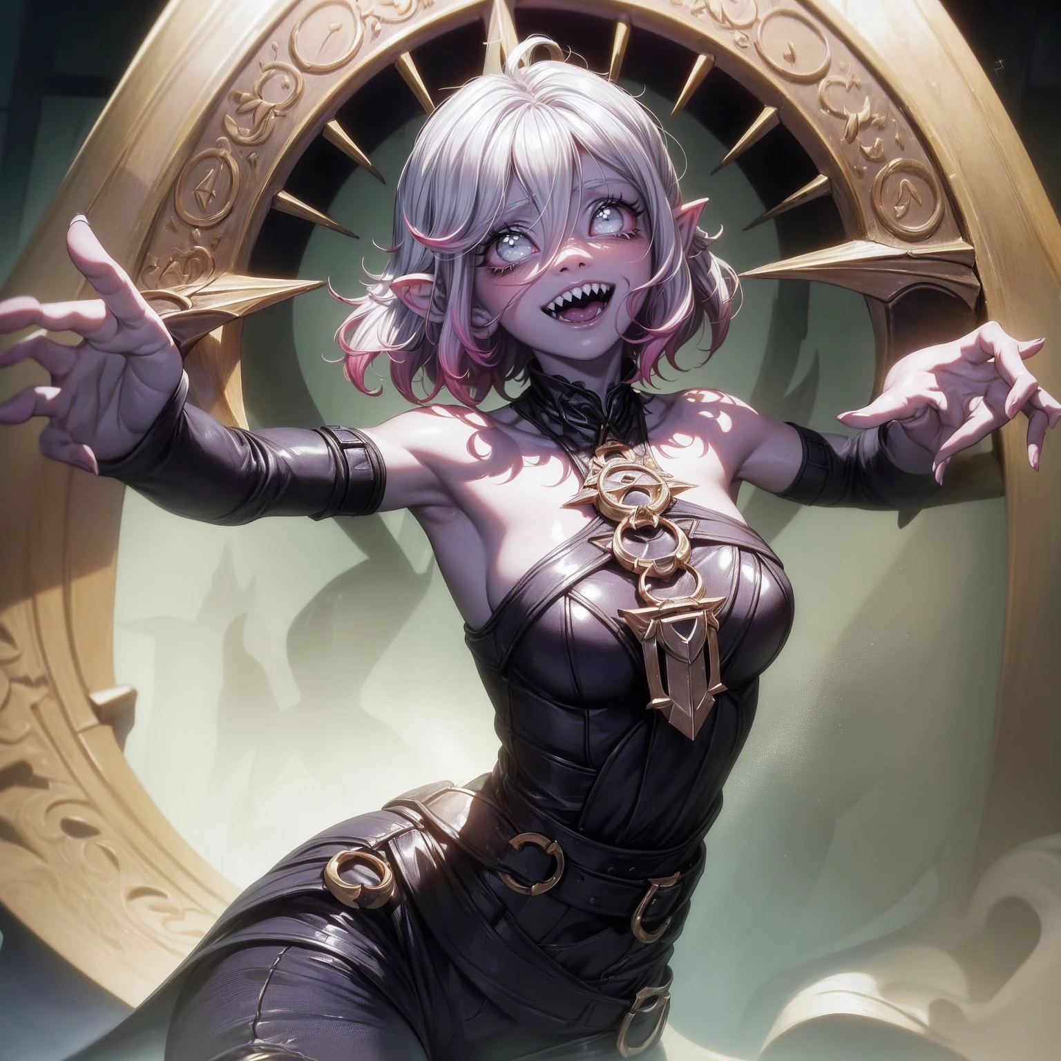 one girl, upper body, legs, white hair, pale eyes, bob cut, sharp teeth, choker, NSFW, abs, grey skin, open breasts, nude, smile, standing, hairy pussy, pubic hair, deep shadow, masterpiece, highly detailed, look at viewer, evil grin, expressing joy, ahegao, black background