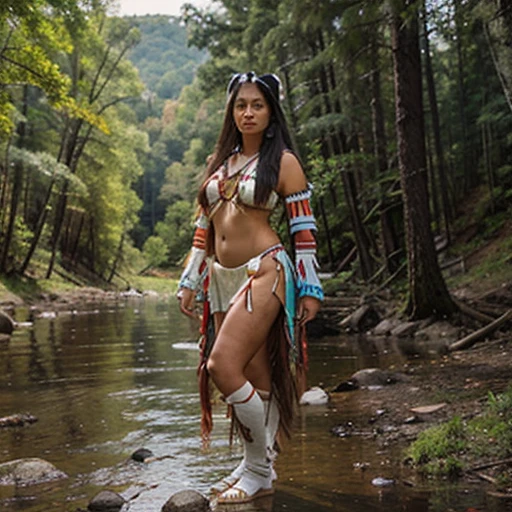Generate a life-sized Native American woman wearing a Cherokee costume with a beautiful scenery in the background.!