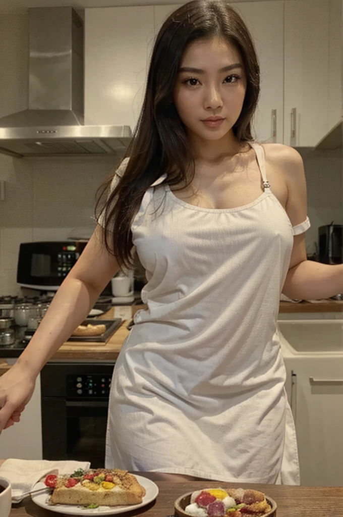 a close up of a woman in a cooking apron for a picture, asian woman, beautiful asian woman, japanese goddess, photorealistic perfect body, asian hyperdetailed, seductive. highly detailed, gorgeous chinese model, beautiful asian woman, asian, asian woman, chinese girl, with dark complexion, korean girl, very sexy outfit, revealing outfit, holding a plate of toast with eggs and bacon on it