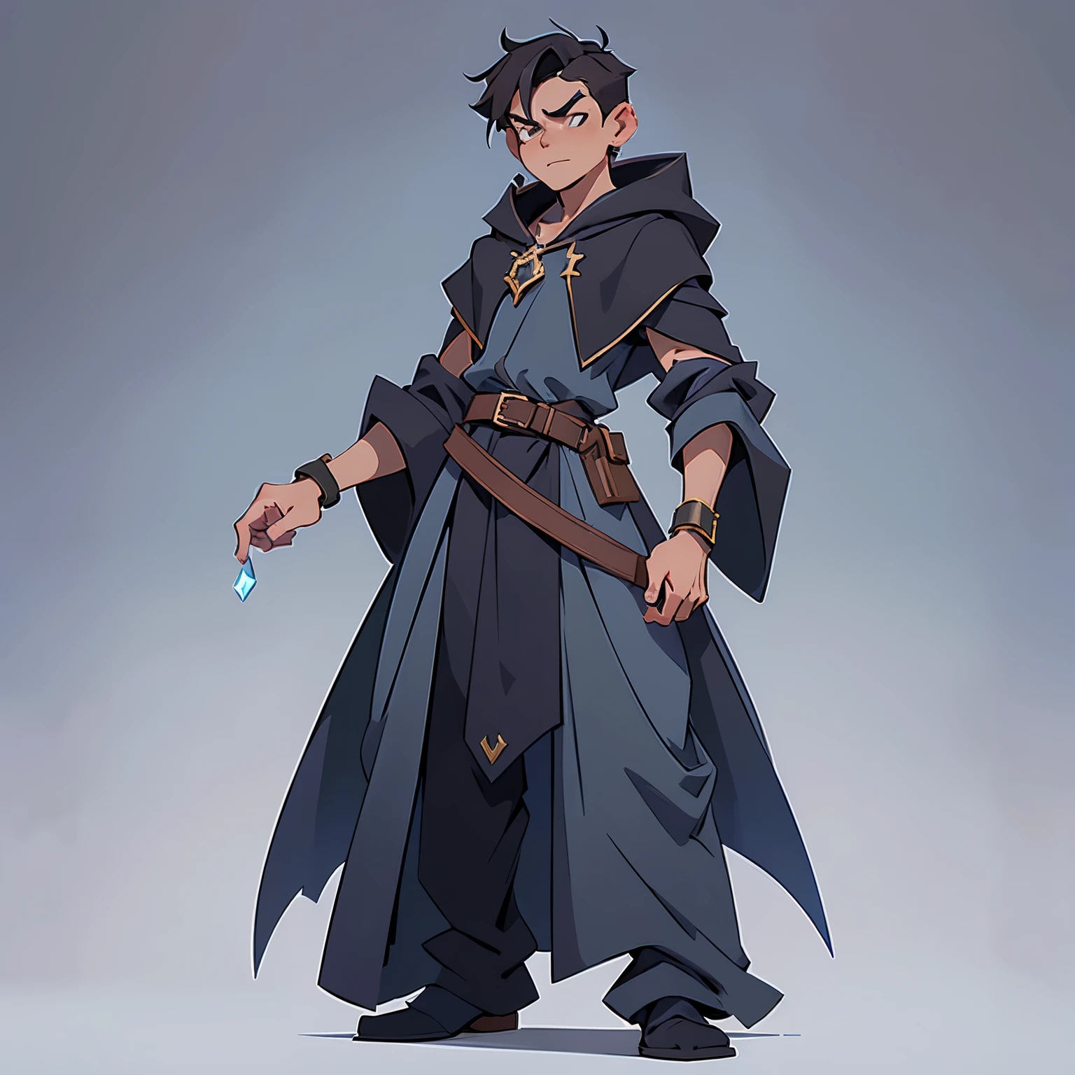mstoconcept art, european and american cartoons, game character design, solo, 1boy, MAGICIAN, MALE FOCUS, SIMPLE BACKGROUND, GRAY BACKGROUND, BORING EXPRESSION, DARK WIZARD, FULL BODY, STANDING, HOOD, ROBE, YOUNG, JEWELRY, DARK HAIR, BRACELET, WIDE SLEEVES, YOUNG GUY, BELT, GEMSTONE, LONG SLEEVES, EVIL