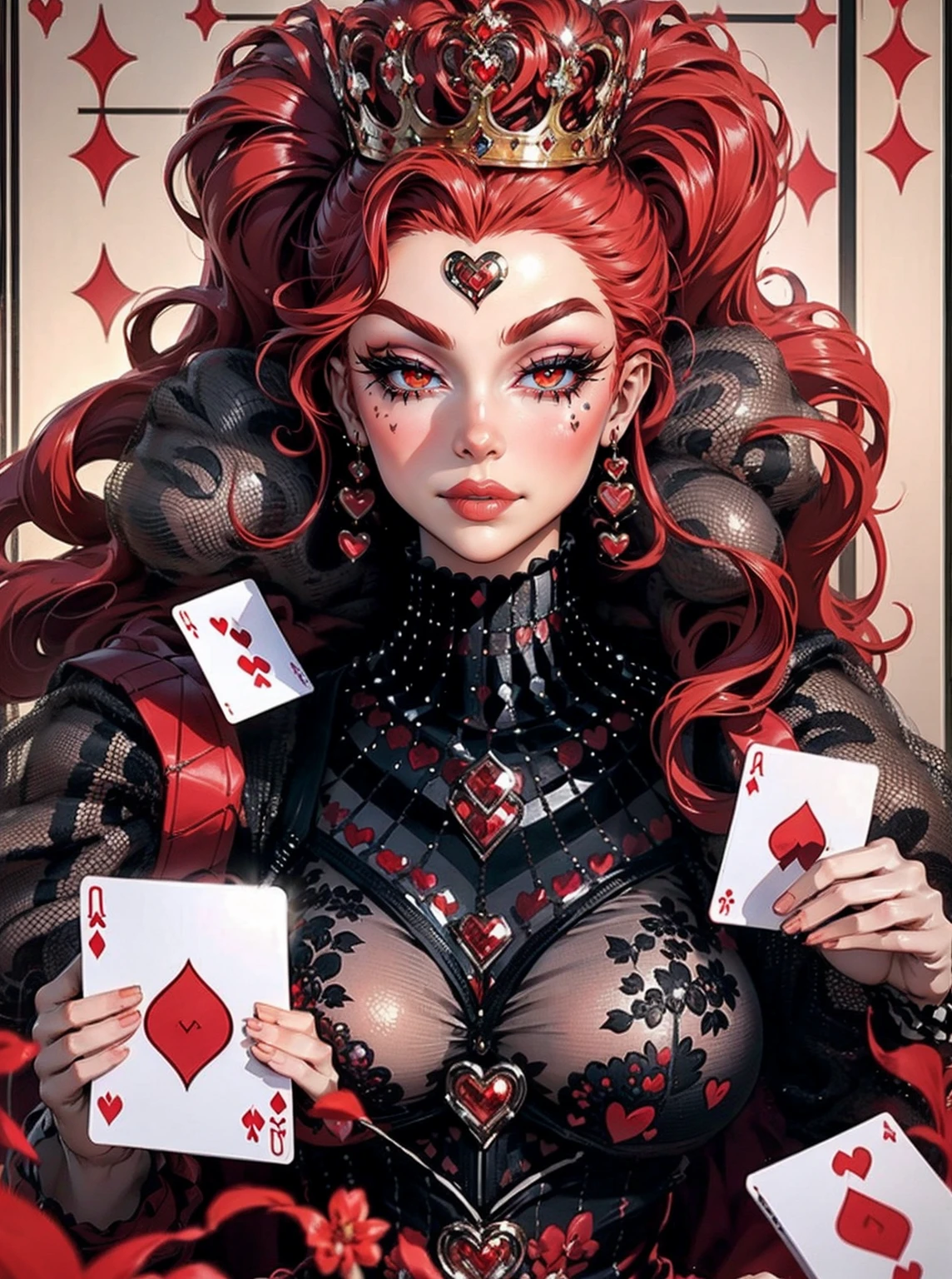 Em um luxuoso cassino, A stunning woman wears an exquisite dress adorned with heart symbols, embodying the royal presence of the Queen of Hearts. Surrounded by a backdrop of poker cards and chips, She exudes confidence and seduction, convidando os jogadores a testar sua sorte e habilidades no jogo de azar. com cabelos curtos, enrolados, cabelos vermelhos (queen of hearts), portrait