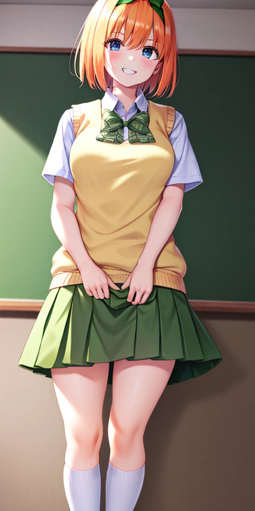 yotsubanakano, yotsuba nakano, bangs, short hair, blue eyes, hair between eyes, hair ribbon, hairband, orange hair, green ribbon,
BREAK skirt, shirt, bow, ribbon, school uniform, white shirt, short sleeves, pleated skirt, shoes, socks, collared shirt, miniskirt, bowtie, black footwear, kneehighs, green skirt, black socks, loafers, green bow, sweater vest, green ribbon, (yellow sweater vest:1.5),
BREAK looking at viewer,
BREAK indoors, classroom,
BREAK ultra-detailed, best quality, high resolution, unity 8k wallpaper, extremely detailed CG, (beautiful detailed eyes:1.6), extremely detailed face, perfect lighting, extremely detailed CG, (perfect hands, perfect anatomy),
happy smile, laugh, grin, white teeth, wide-eyed, head tilt, from below, skirt lift by myself, showing panties, standing, turn knees out, bend knees, bend down, (vulgarity:1.2),