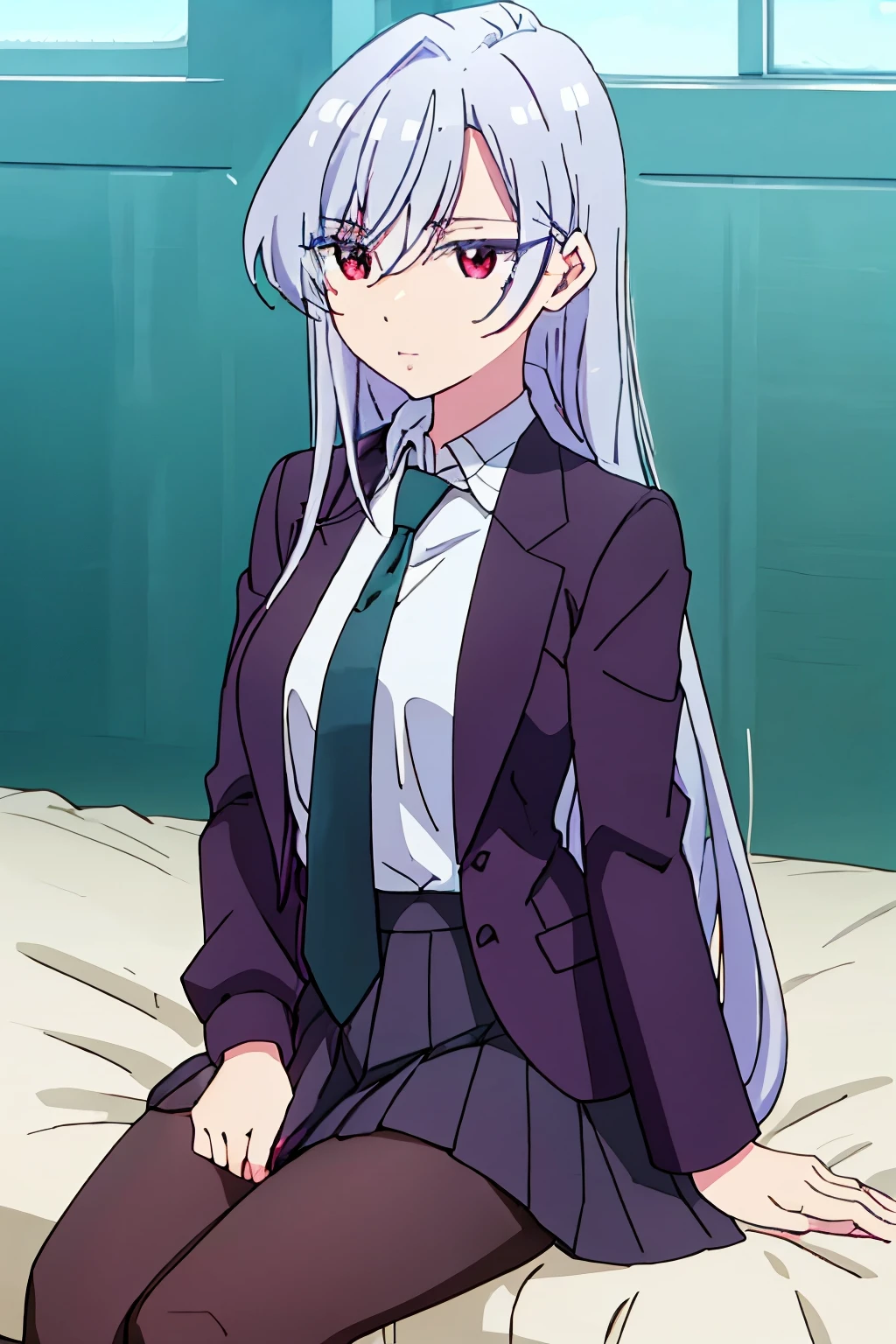 Hyakkano anime lineart, NanoEiai, 1girl, grey hair, very long hair, red eyes, hair between eyes, large breasts, long sleeves, school uniform, black jacket, pantyhose, pleated skirt, black skirt, black pantyhose, green necktie, collared white shirt, blazer, expressionless, sitting, Bedroom, bed sheet, indoors, perfect scenery, perfect lighting, highest quality, masterpiece, best quality, highly detailed, high resolution, unity 8k wallpaper, (illustration:0.8), uncensored,