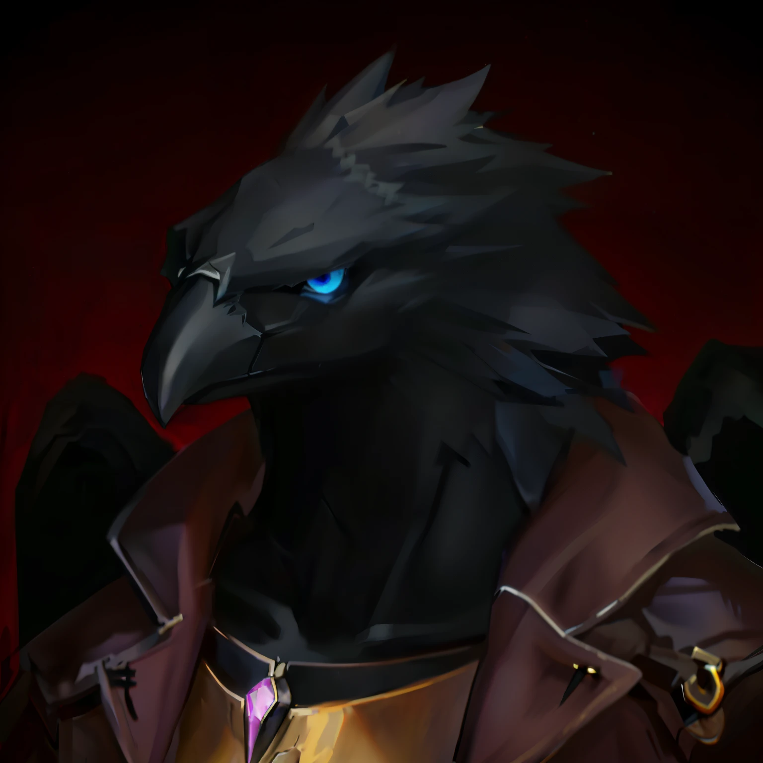 a black bird with blue eyes and a golden collar, black aarakocra eagle warlord, anthropomorphic raven knight, Retrato do Corvo, Retrato do Professor Sinistro, monstro corvo, um retrato do personagem, retrato do corvo!!!!!, Corvo em Cyber Armour, Skeksis, corvo escuro, inspirado em Samuel Hieronymus Grimm, retrato de barbatana wildcloak