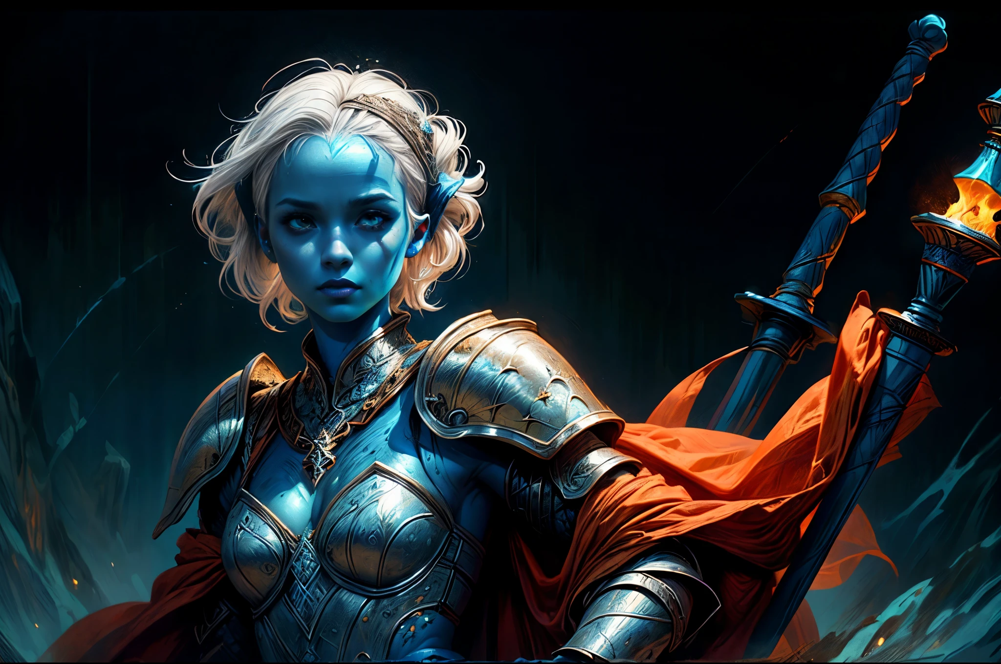 fantasy art, dnd art, RPG art, wide shot, (masterpiece: 1.4) portrait, intense details, highly detailed, photorealistic, best quality, highres, portrait a vedalken female (fantasy art, Masterpiece, best quality: 1.3) ((blue skin: 1.5)), intense details facial details, exquisite beauty, (fantasy art, Masterpiece, best quality) cleric, (blue colored skin: 1.5) 1person blue_skin, blue skinned female, (white hair: 1.3), long hair, intense green eye, ((no ears: 1.6)), fantasy art, Masterpiece, best quality) armed a fiery sword red fire, wearing heavy (white: 1.3) half plate mail armor, wearing high heeled laced boots, wearing an(orange :1.3) cloak, wearing glowing holy symbol GlowingRunes_yellow, within fantasy temple background, reflection light, high details, best quality, 16k, [ultra detailed], masterpiece, best quality, (extremely detailed), close up, ultra wide shot, photorealistic, RAW, fantasy art, dnd art, fantasy art, realistic art,((best quality)), ((masterpiece)), (detailed), perfect face