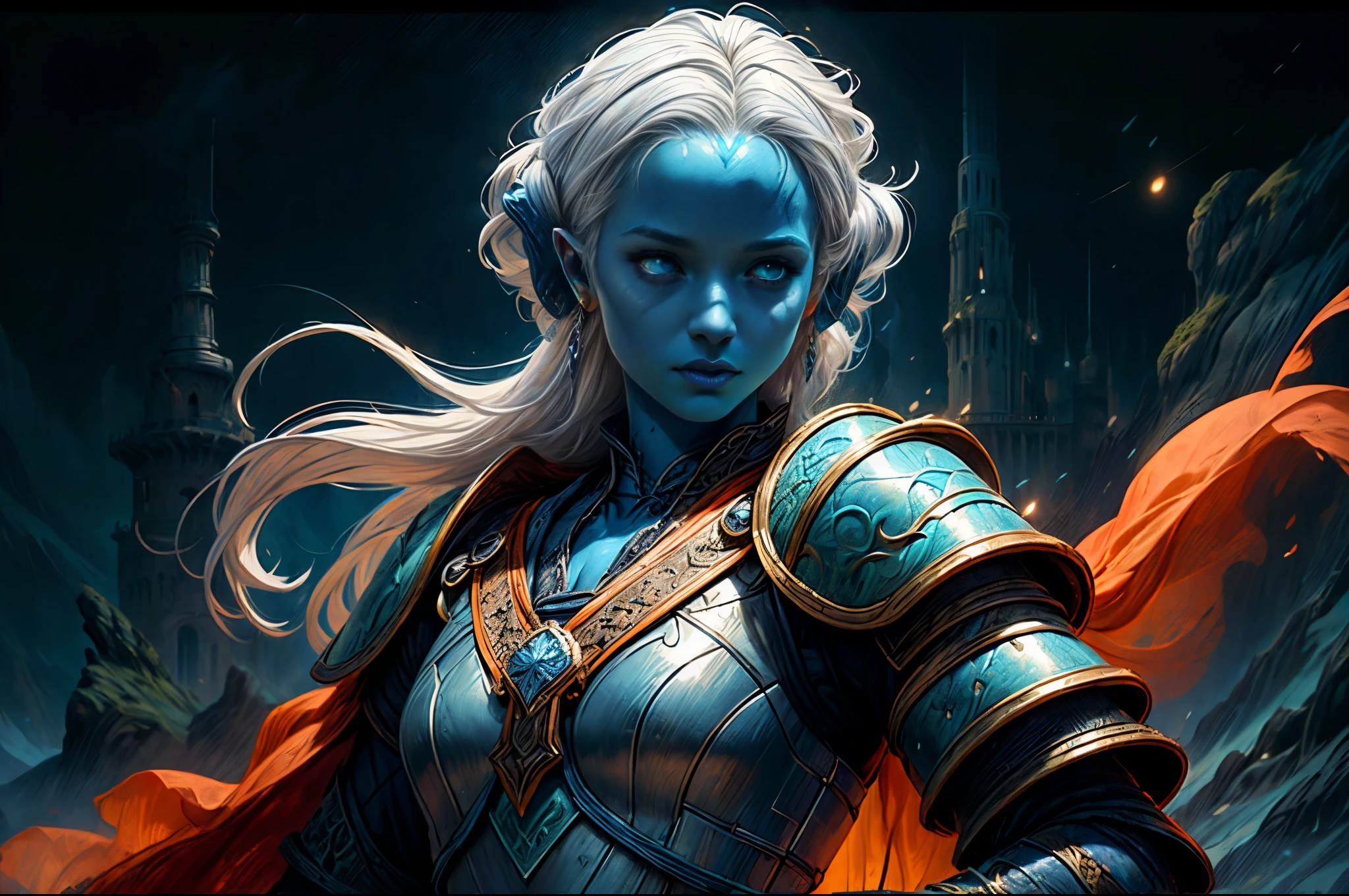 fantasy art, dnd art, RPG art, wide shot, (masterpiece: 1.4) portrait, intense details, highly detailed, photorealistic, best quality, highres, portrait a vedalken female (fantasy art, Masterpiece, best quality: 1.3) ((blue skin: 1.5)), intense details facial details, exquisite beauty, (fantasy art, Masterpiece, best quality) cleric, (blue colored skin: 1.5) 1person blue_skin, blue skinned female, (white hair: 1.3), long hair, intense green eye, ((no ears: 1.6)), fantasy art, Masterpiece, best quality) armed a fiery sword red fire, wearing heavy (white: 1.3) half plate mail armor, wearing high heeled laced boots, wearing an(orange :1.3) cloak, wearing glowing holy symbol GlowingRunes_yellow, within fantasy temple background, reflection light, high details, best quality, 16k, [ultra detailed], masterpiece, best quality, (extremely detailed), close up, ultra wide shot, photorealistic, RAW, fantasy art, dnd art, fantasy art, realistic art,((best quality)), ((masterpiece)), (detailed), perfect face