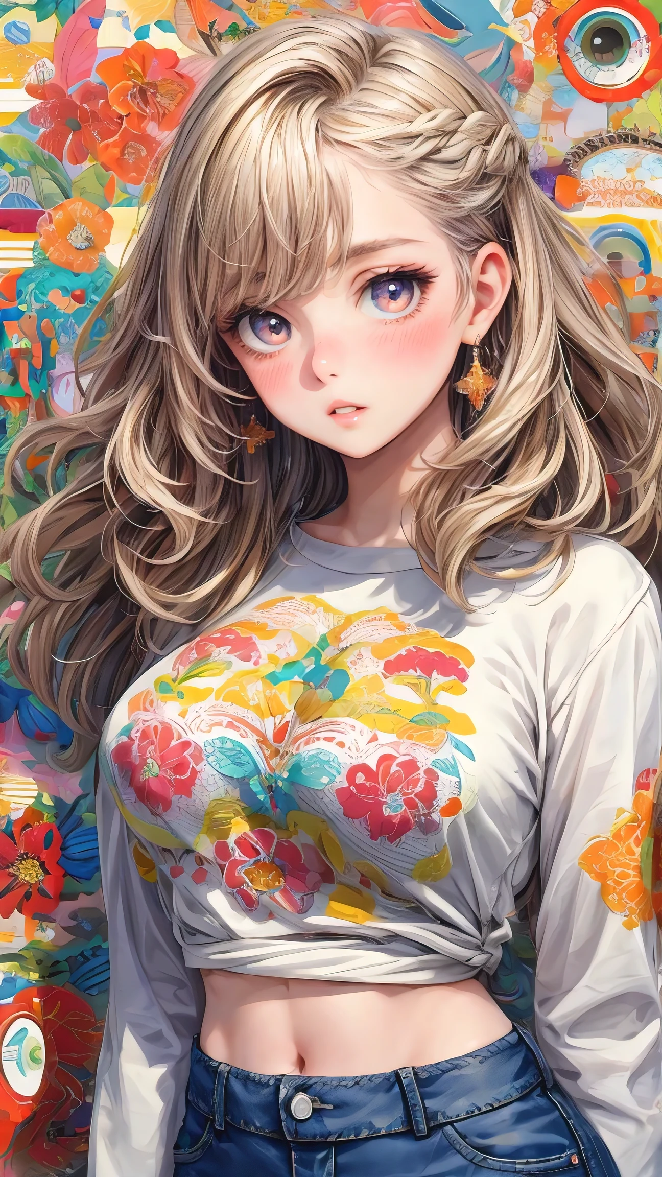(masterpiece, best quality), beautiful woman, detailed printed cropped top, jeans, wavy hair, beautiful face, perfect face, big gorgeous eyes, parted lips, perfect slim fit body, seoul city garden, bright colors