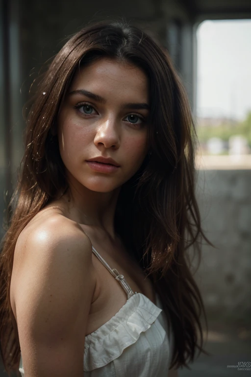 Closed portrait, girl, 18 years old, french, skinny, long hairs, green eyes, brunette, cute, innocent, a few nasty, straight look