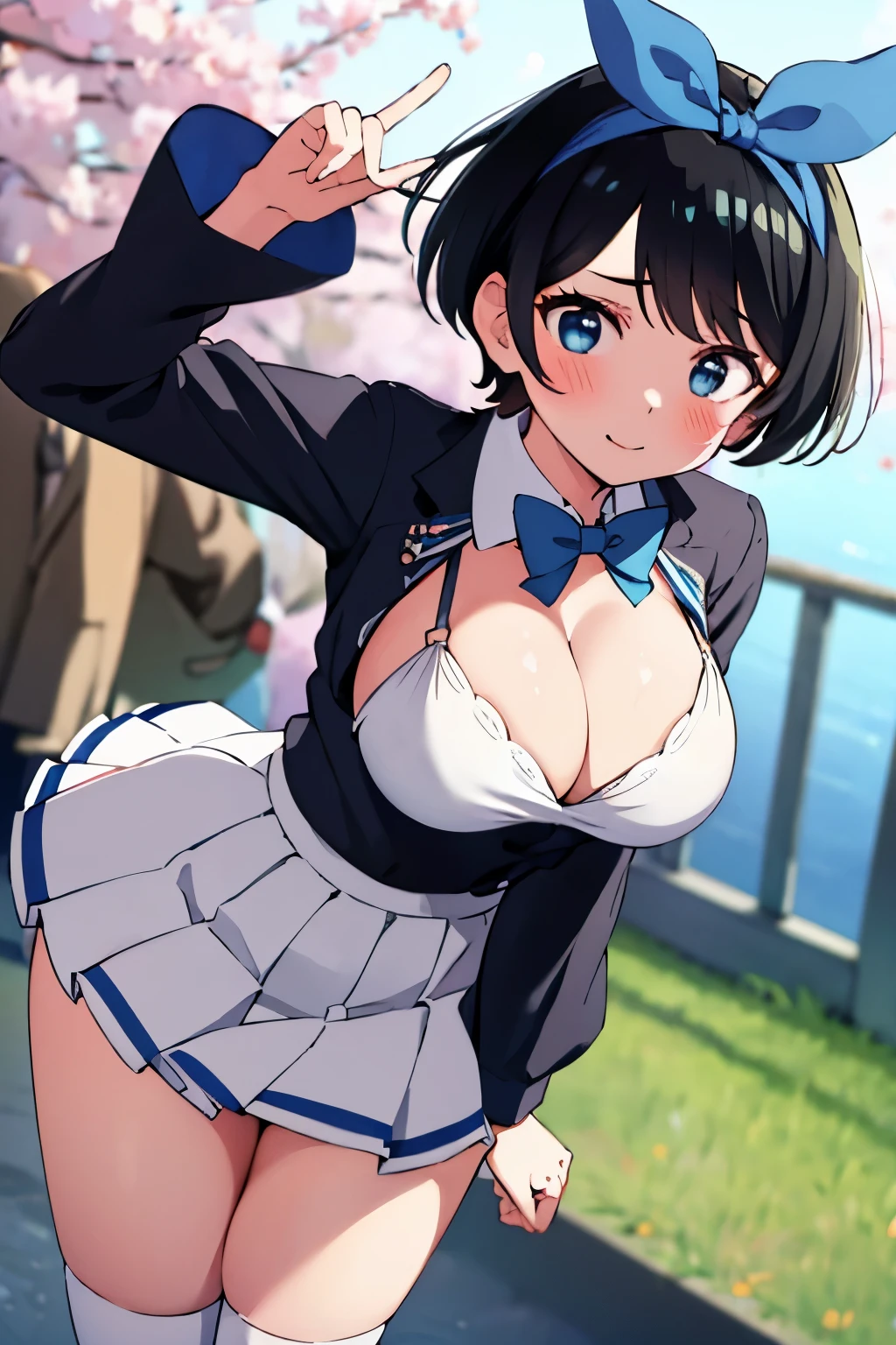 Main piece、high quality、High resolution、1 girl,single, Ruka Sarashina、jewelry、skirt、Sailor uniform that exposes the chest、ネイビーのプリーツskirt、black hairの女性、short hair、black hair、socks、black pantyhose, blue eyes, long sleeve,, bow, bow, blue hair band, bangs, big full breast, cleavage, Medium waist, medium hips, wide thighs, Cowboy photos, smile, fascinating, embarrassing, blush、In town、lots of people、crowd, looking at the viewer,from below、Low - Angle,very big breasts、cleavage、no bra、no panties、no panties